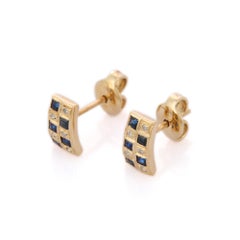Vintage 14K Yellow Gold Designer Blue Sapphire and Diamond Bar Stud Earrings