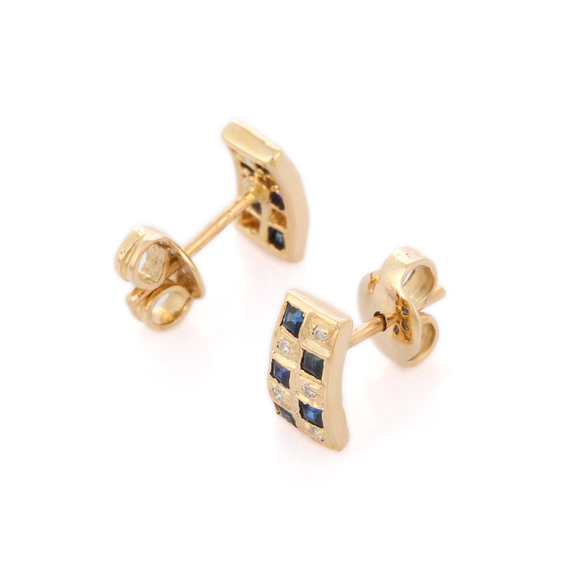 Contemporary 14K Yellow Gold Designer Blue Sapphire and Diamond Bar Stud Earrings For Sale