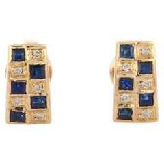 Pendientes de oro amarillo de 14 quilates de diseño con zafiro azul y barra de diamantes