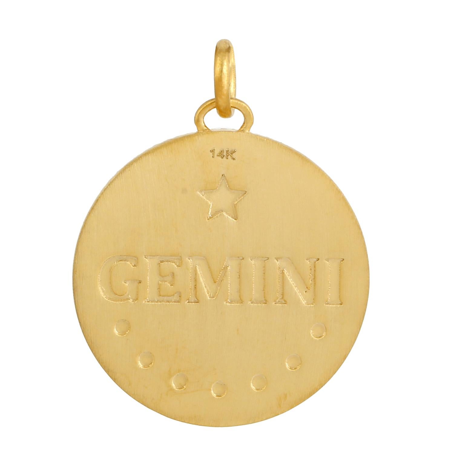 Artisan 14k Yellow Gold Designer Gemini Zodiac Charm Pendant With Pave Diamonds For Sale