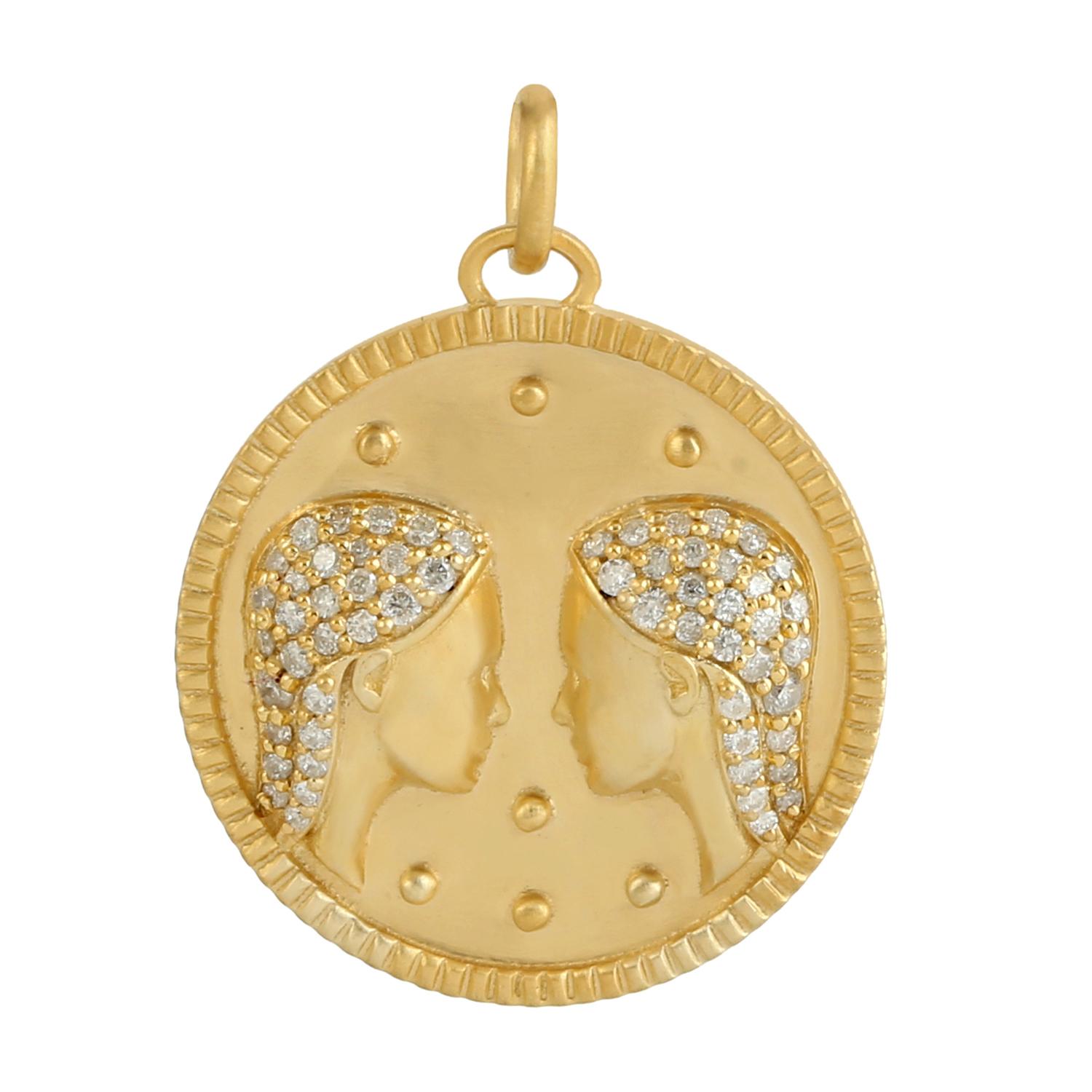 Mixed Cut 14k Yellow Gold Designer Gemini Zodiac Charm Pendant With Pave Diamonds For Sale