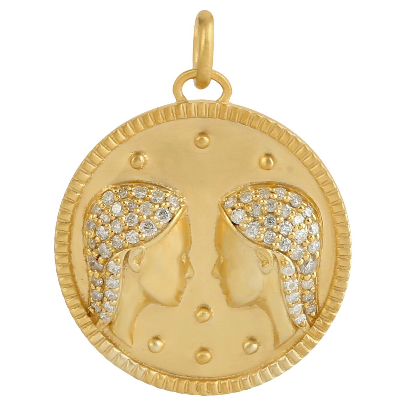 14k Yellow Gold Designer Gemini Zodiac Charm Pendant With Pave Diamonds