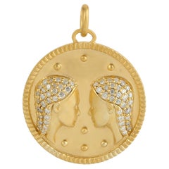 14k Yellow Gold Designer Gemini Zodiac Charm Pendant With Pave Diamonds