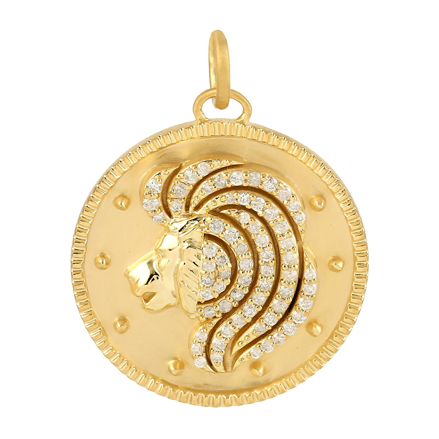 14k Yellow Gold Designer Leo Zodiac Charm Pendant with Natural Pave Diamonds In New Condition In New York, NY