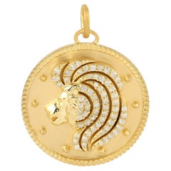 14k Yellow Gold Designer Leo Zodiac Charm Pendant with Natural Pave Diamonds