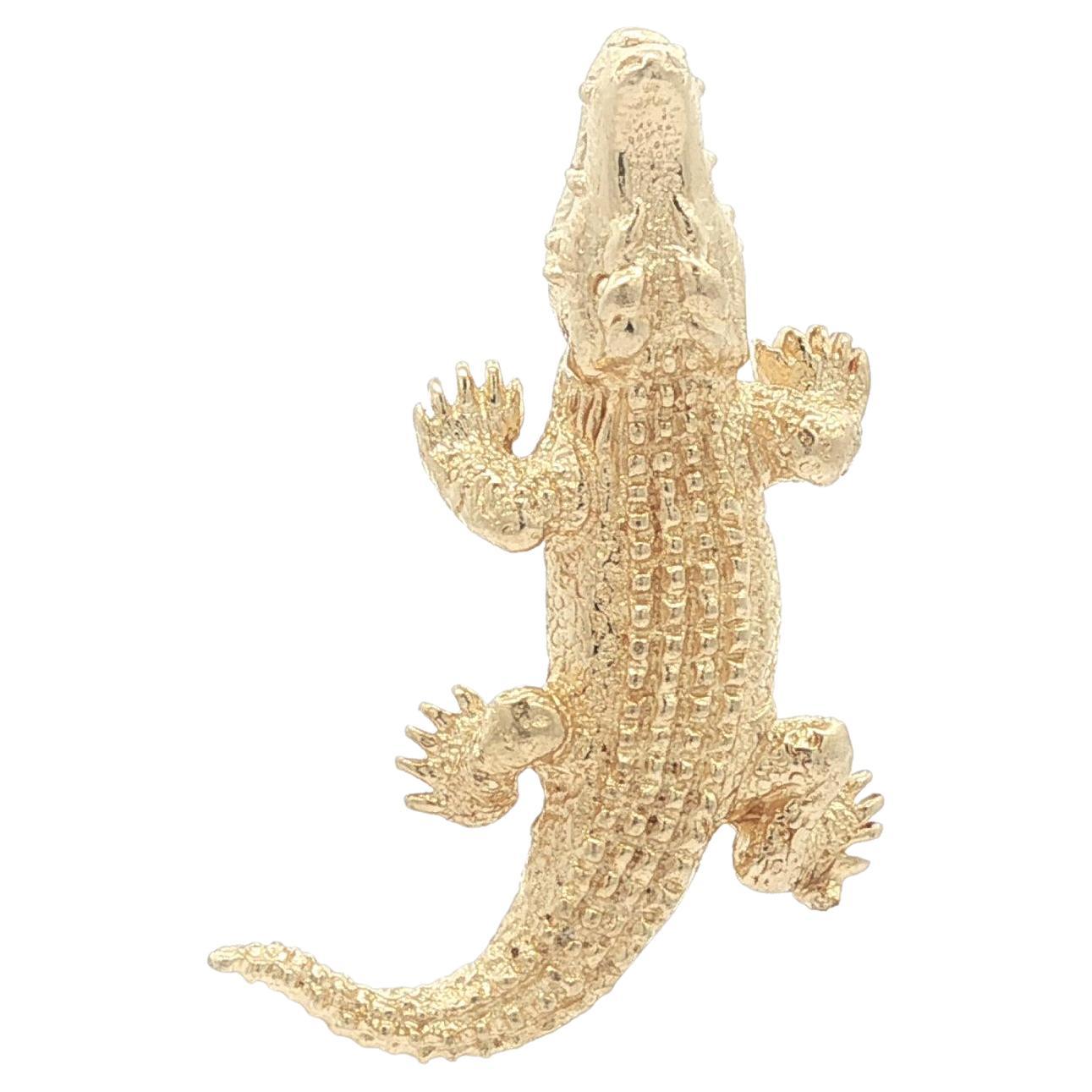 14k Yellow Gold Detailed Textured Swivel Mouth Crocodile Alligator Charm Pendant