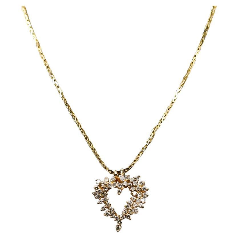 14K Yellow Gold Dia. Cluster Heart Necklace, 1.00tdw 12.9g For Sale