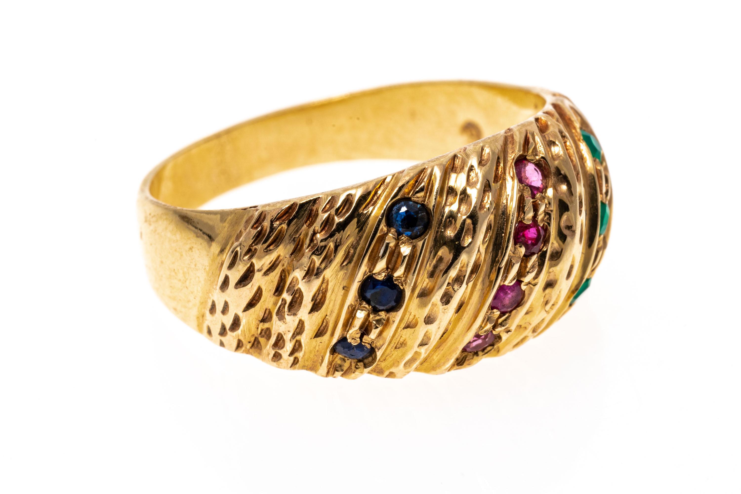 Round Cut 14k Yellow Gold Diagonal Dome Ring with Rubies, Emeralds, Sapphires For Sale