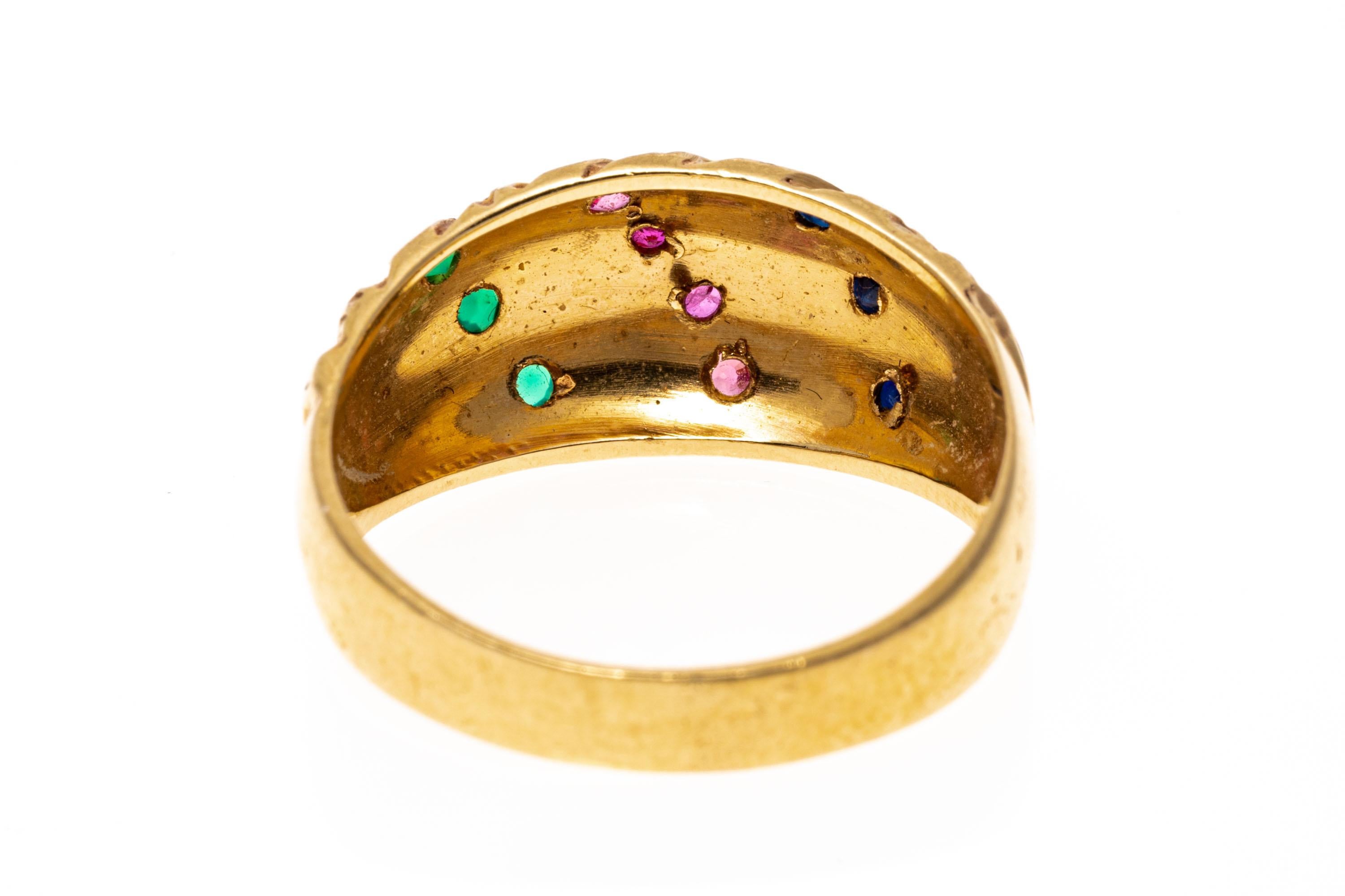 14k Yellow Gold Diagonal Dome Ring with Rubies, Emeralds, Sapphires In Good Condition For Sale In Southport, CT