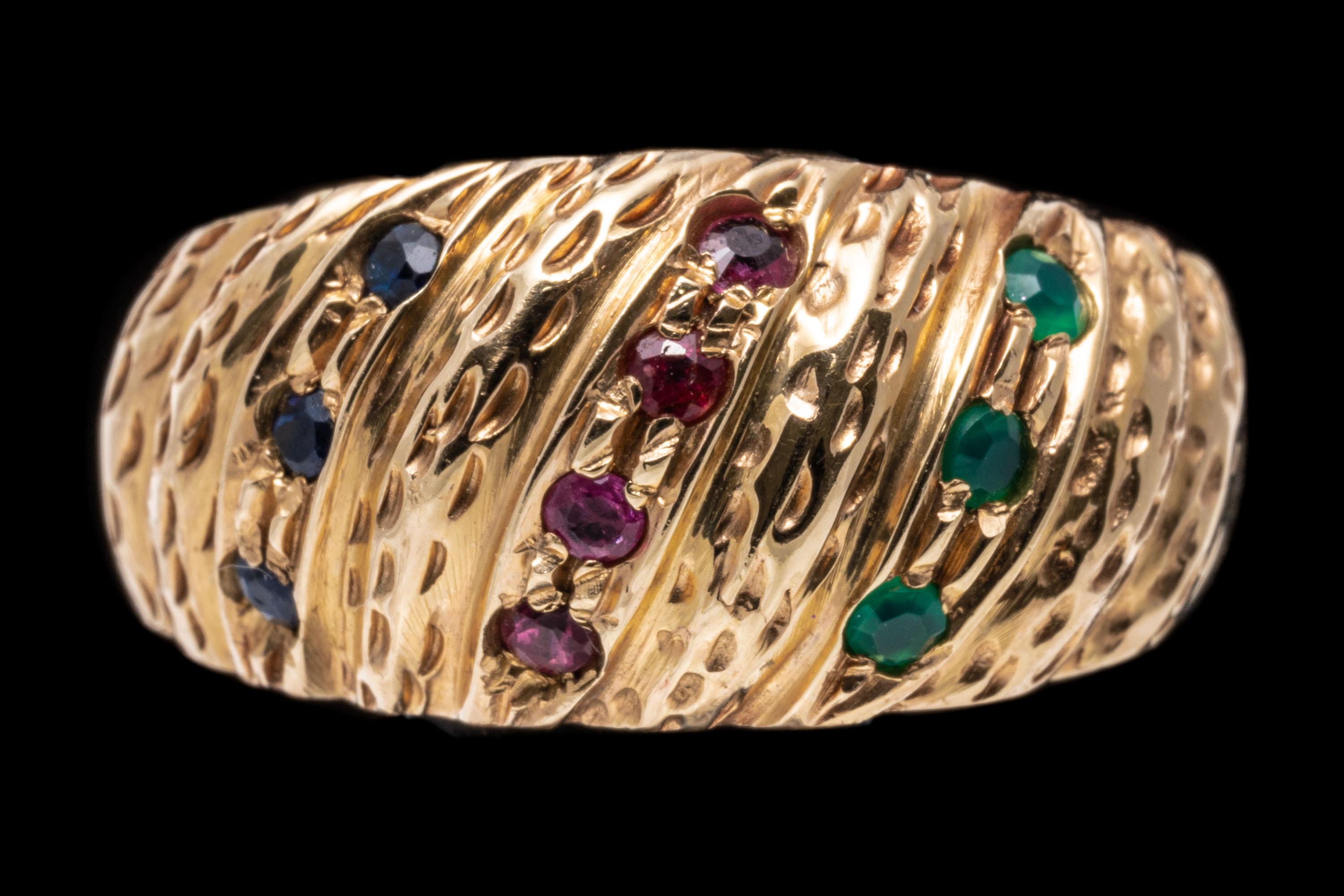 14k Yellow Gold Diagonal Dome Ring with Rubies, Emeralds, Sapphires For Sale 2