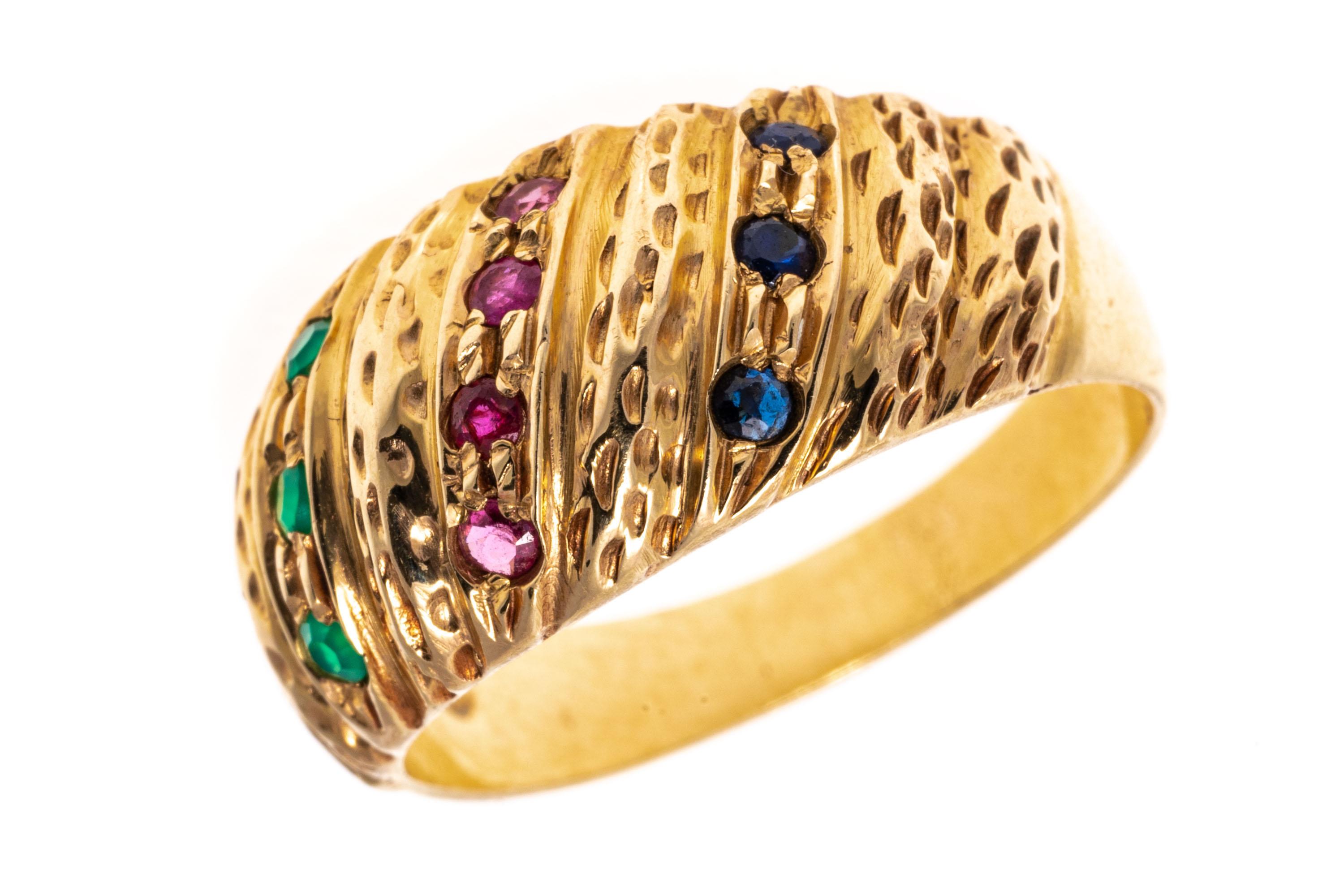 14k Yellow Gold Diagonal Dome Ring with Rubies, Emeralds, Sapphires For Sale 3