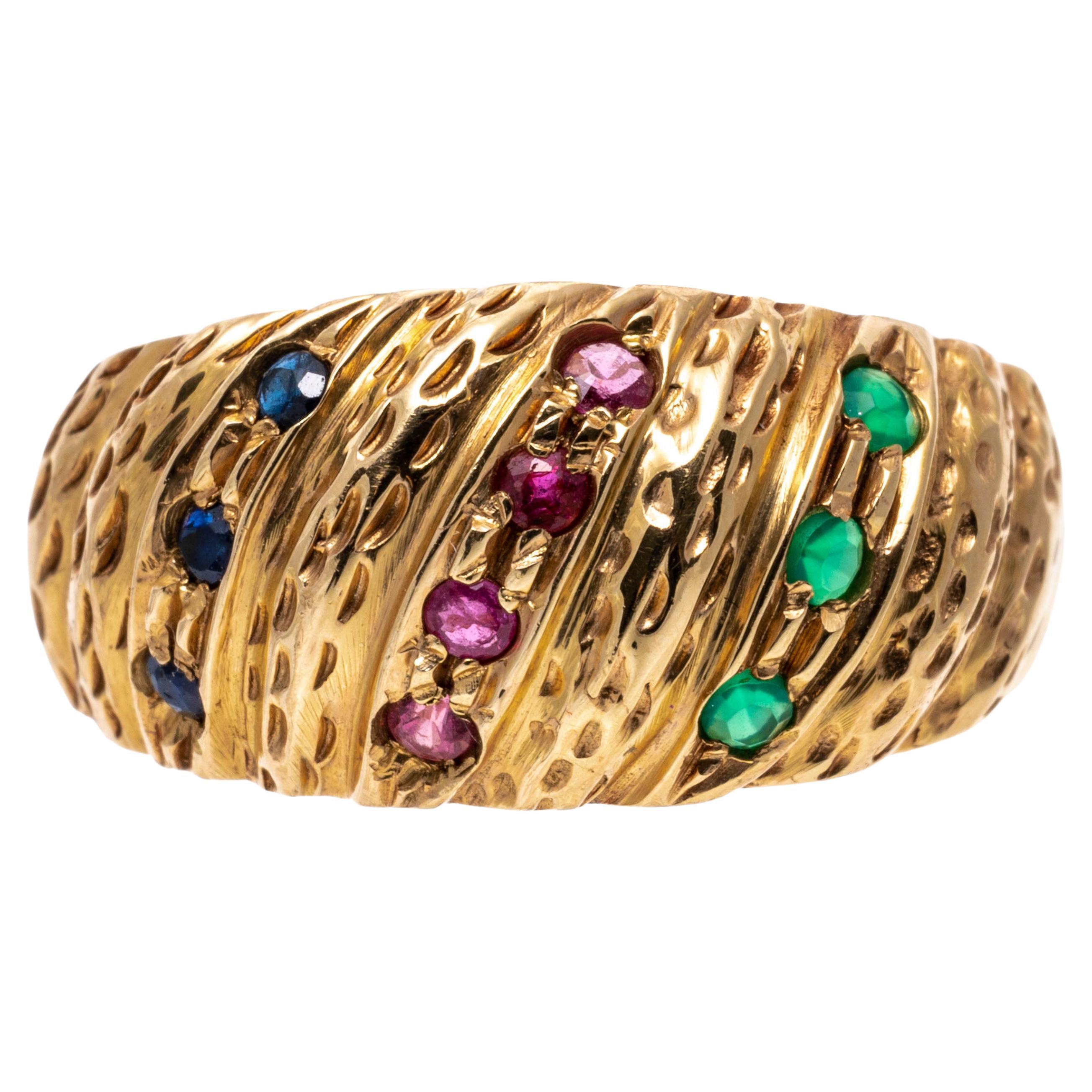 14k Yellow Gold Diagonal Dome Ring with Rubies, Emeralds, Sapphires For Sale