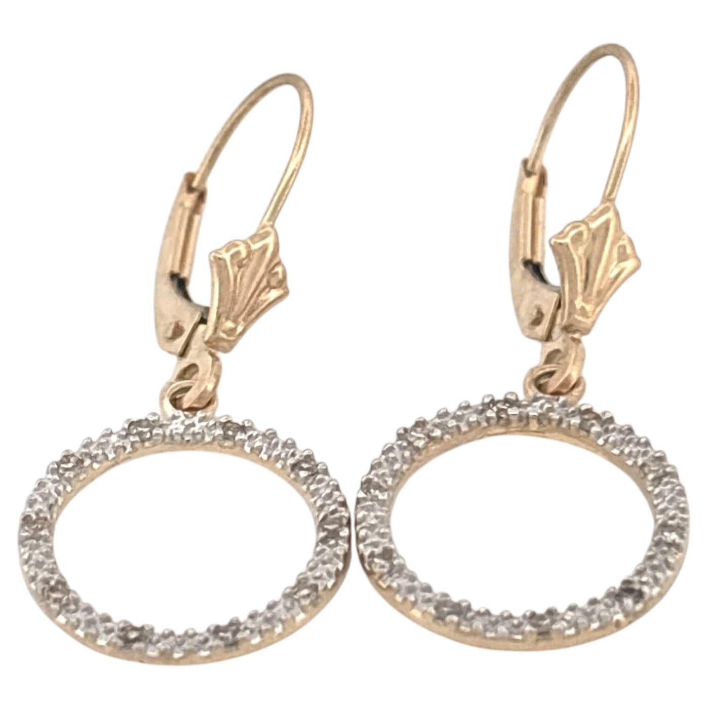 14K Yellow Gold Diamond 0.05c Dangle Circle Pave Earrings For Sale