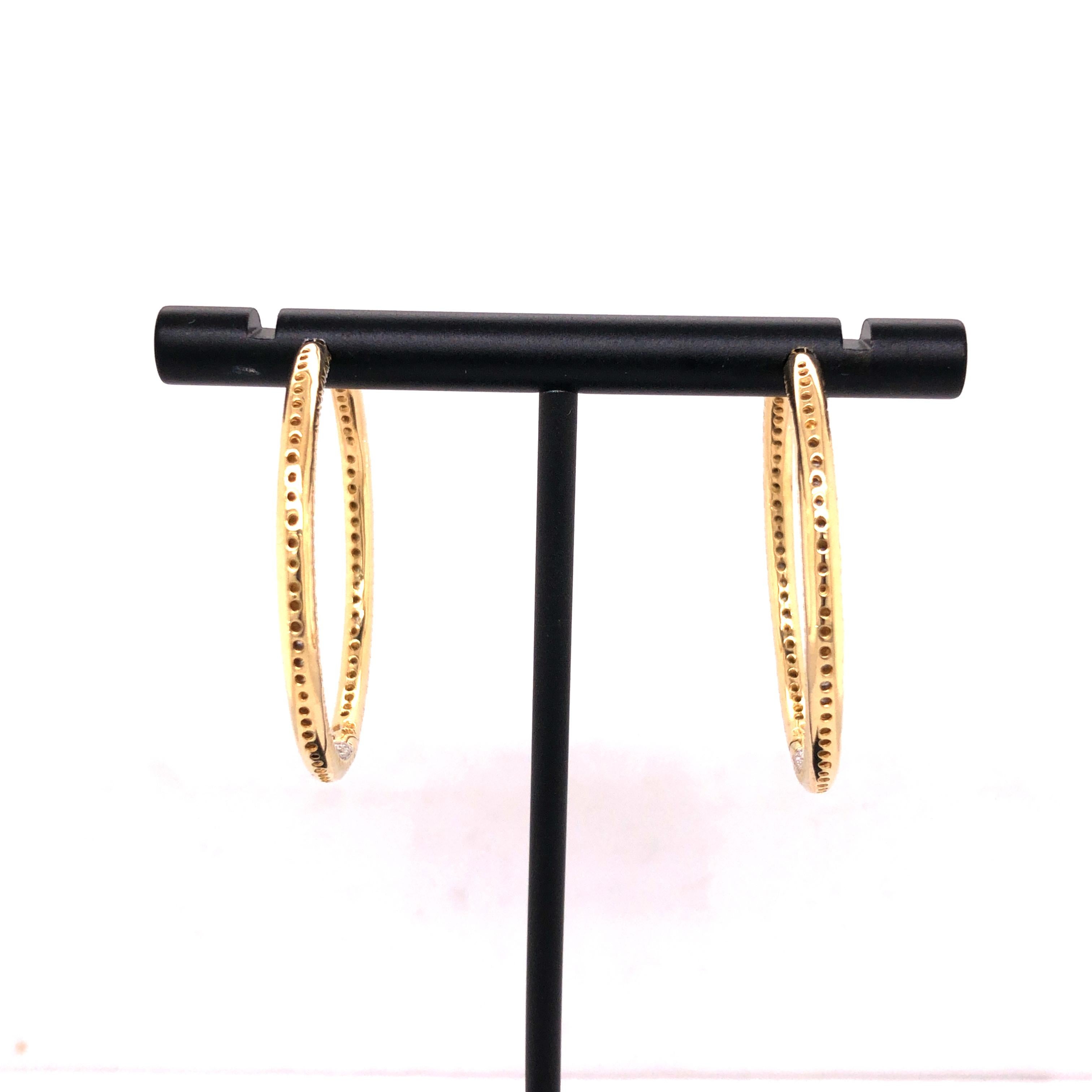 14 Karat Yellow Gold Diamond Hoop Earrings In New Condition In New York, NY