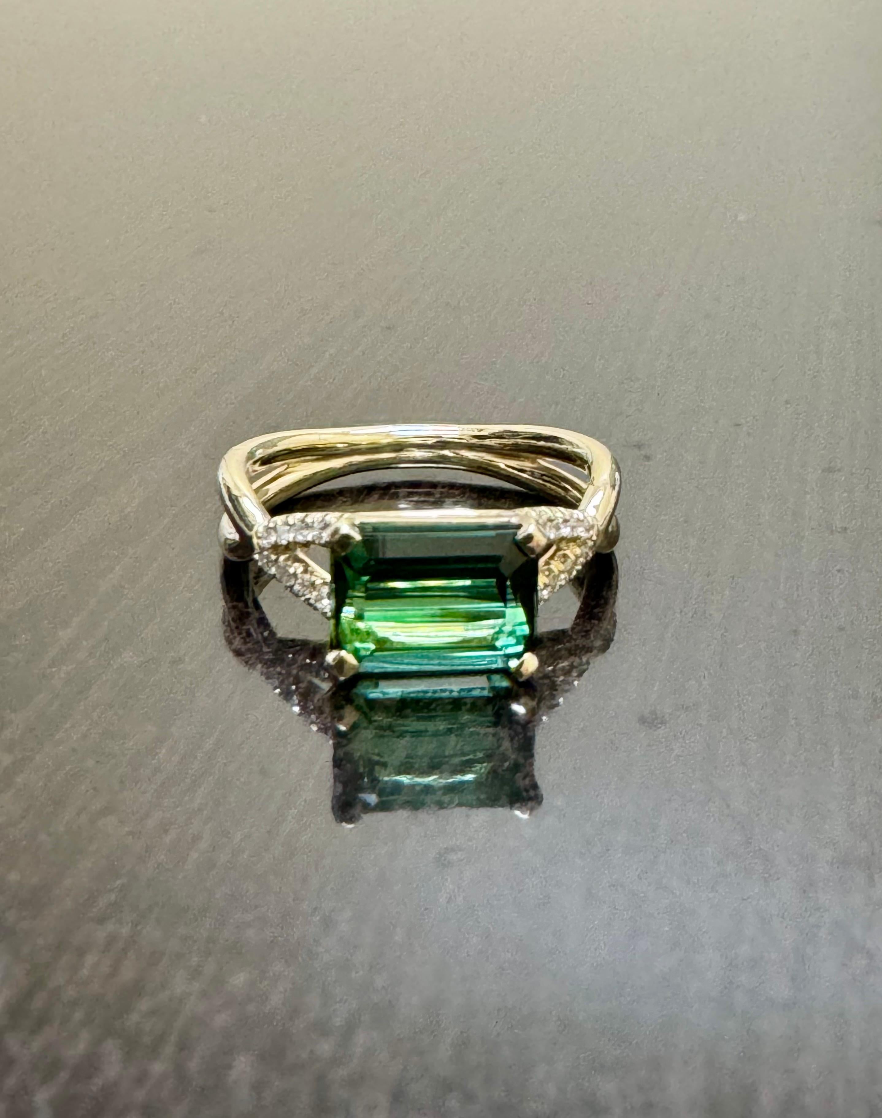 14K Yellow Gold Diamond 2.06 Carat Emerald Cut East West Green Tourmaline Ring For Sale 5