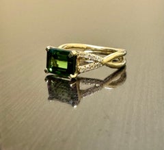14K Yellow Gold Diamond 2.06 Carat Emerald Cut East West Green Tourmaline Ring