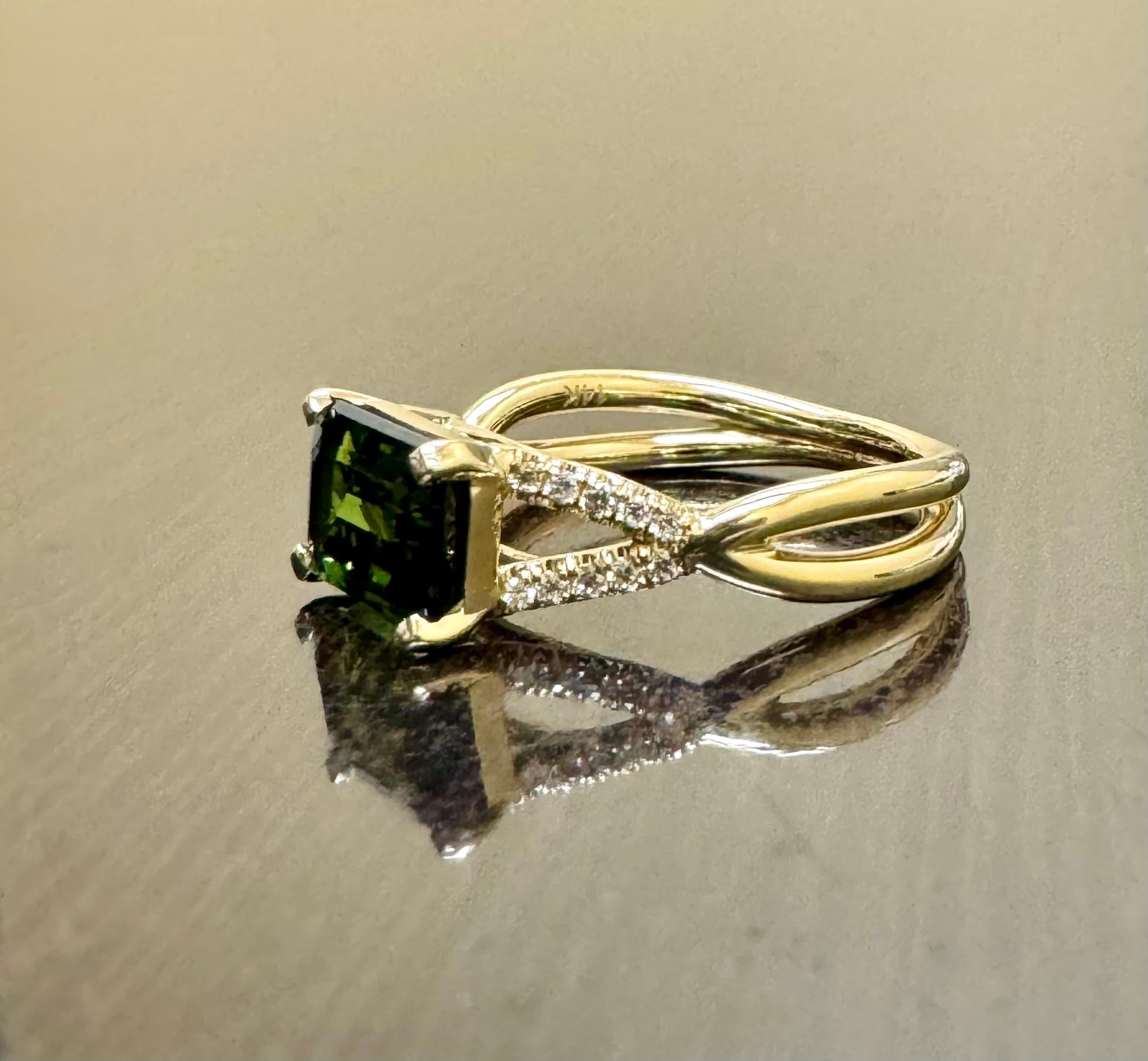 Art Deco 14K Yellow Gold Diamond 2.06 Carat Emerald Cut East West Green Tourmaline Ring For Sale