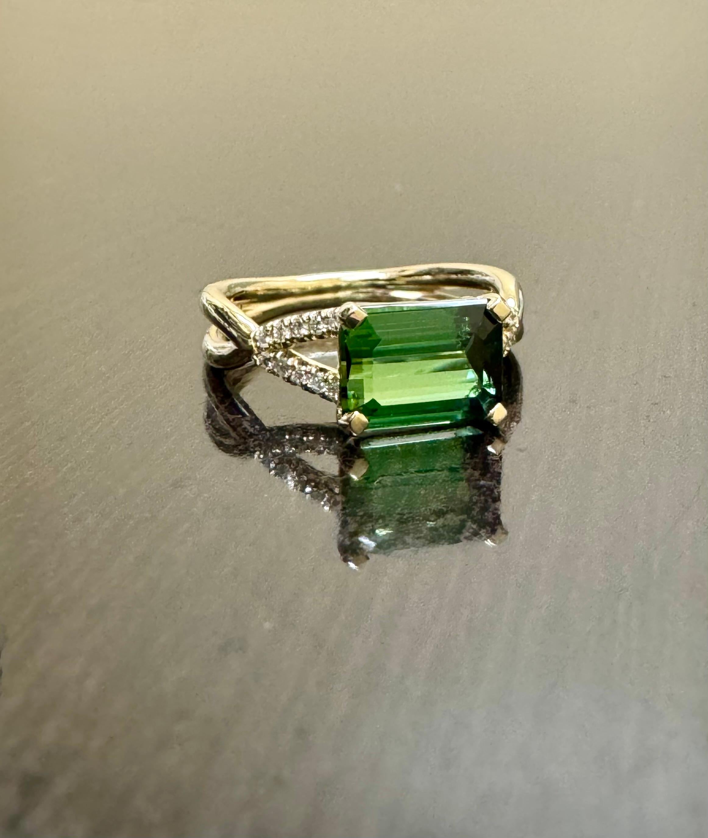Women's 14K Yellow Gold Diamond 2.06 Carat Emerald Cut East West Green Tourmaline Ring For Sale