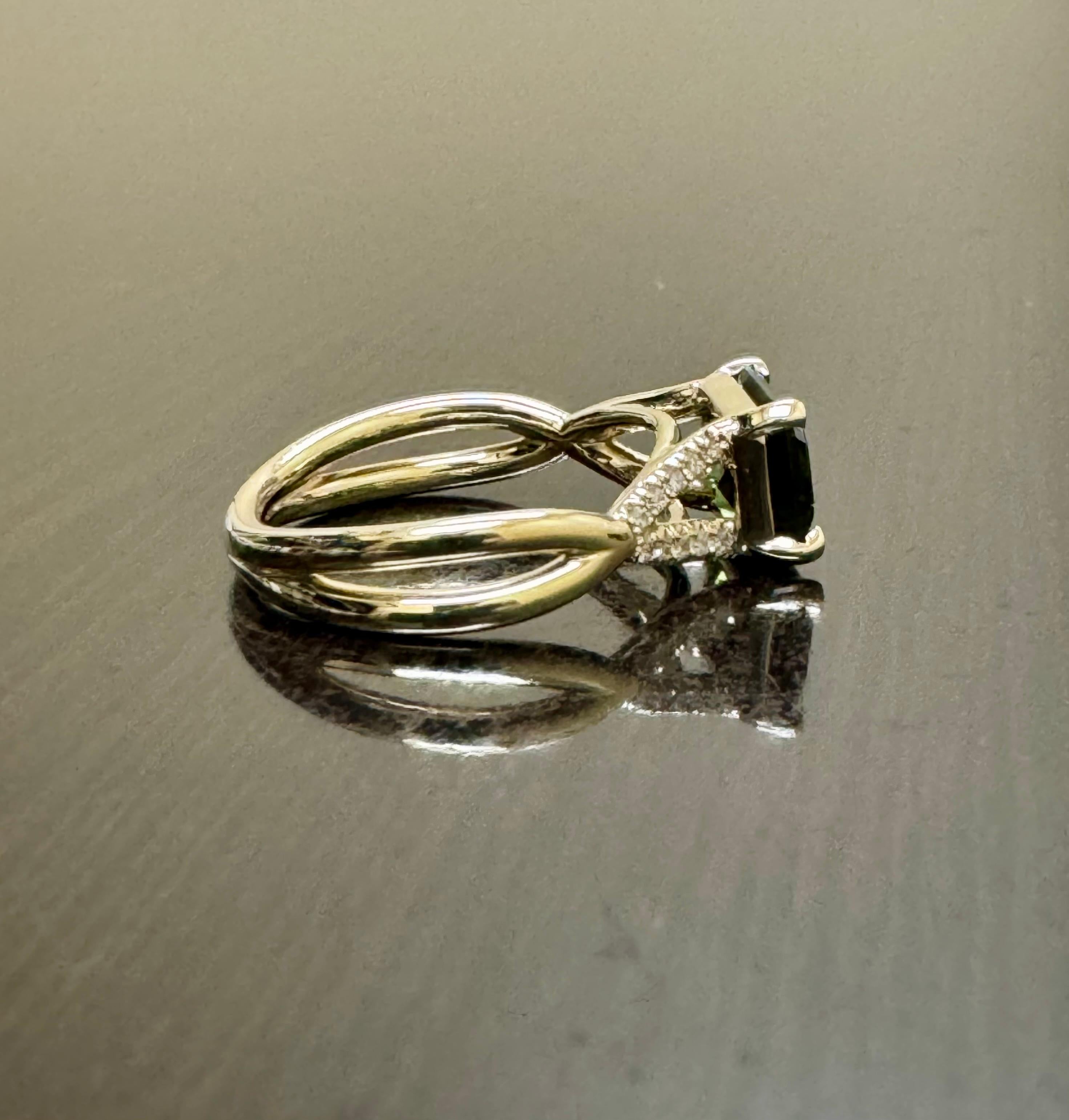 14K Yellow Gold Diamond 2.06 Carat Emerald Cut East West Green Tourmaline Ring For Sale 1