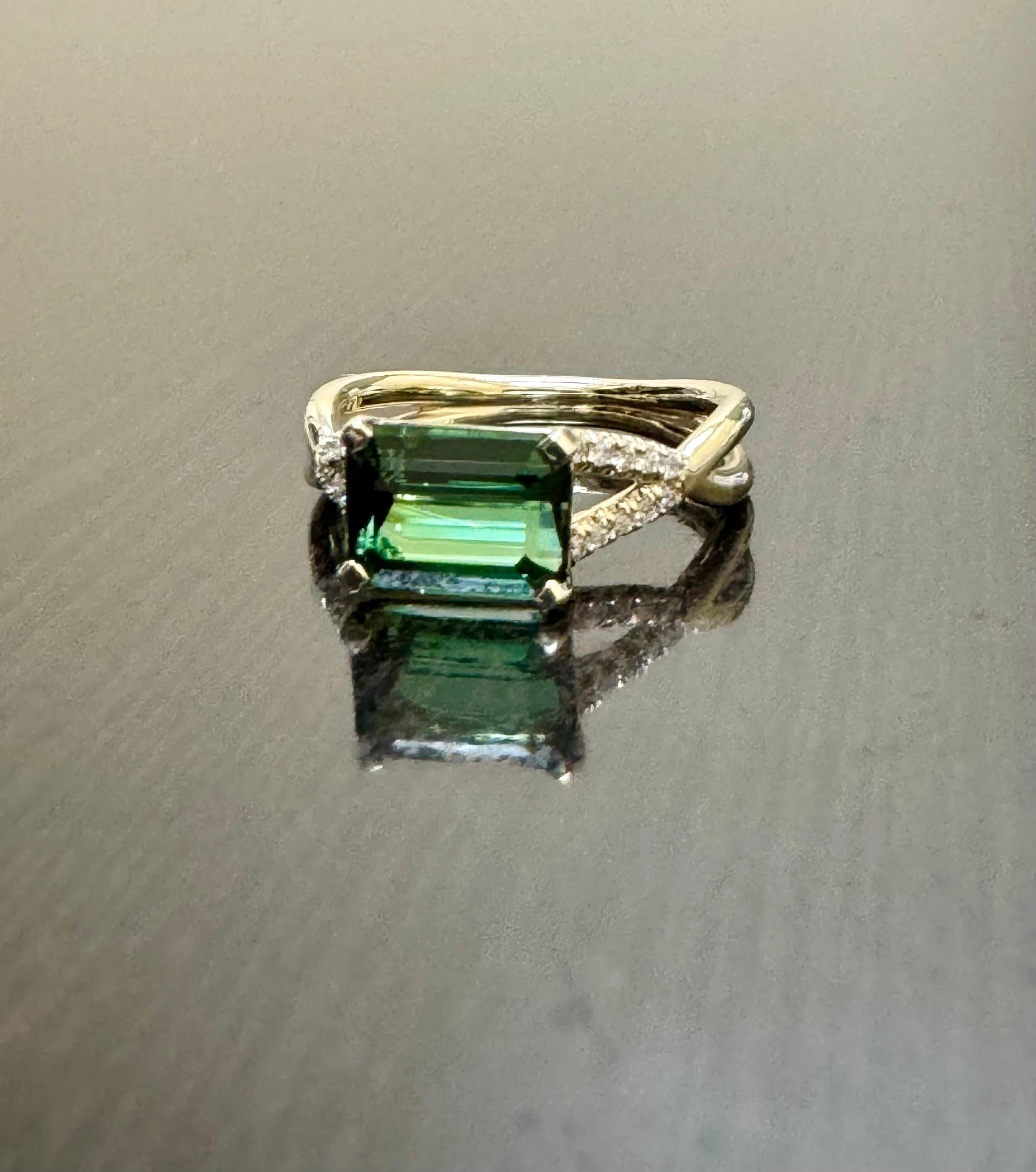 14K Yellow Gold Diamond 2.06 Carat Emerald Cut East West Green Tourmaline Ring For Sale 2