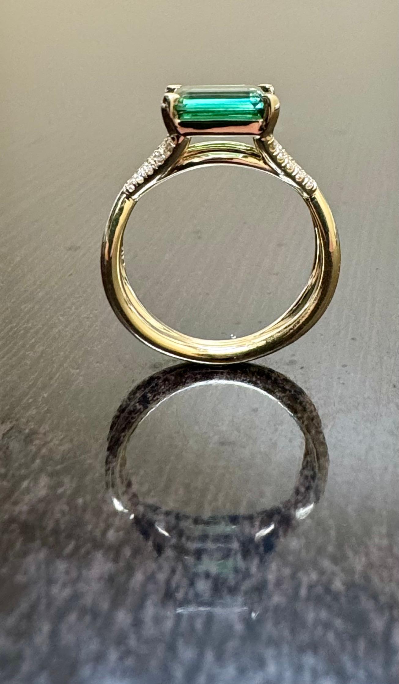 14K Yellow Gold Diamond 2.06 Carat Emerald Cut East West Green Tourmaline Ring For Sale 3