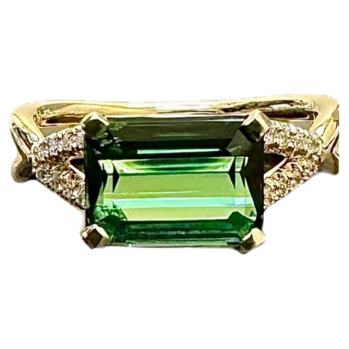 14K Yellow Gold Diamond 2.06 Carat Emerald Cut East West Green Tourmaline Ring For Sale