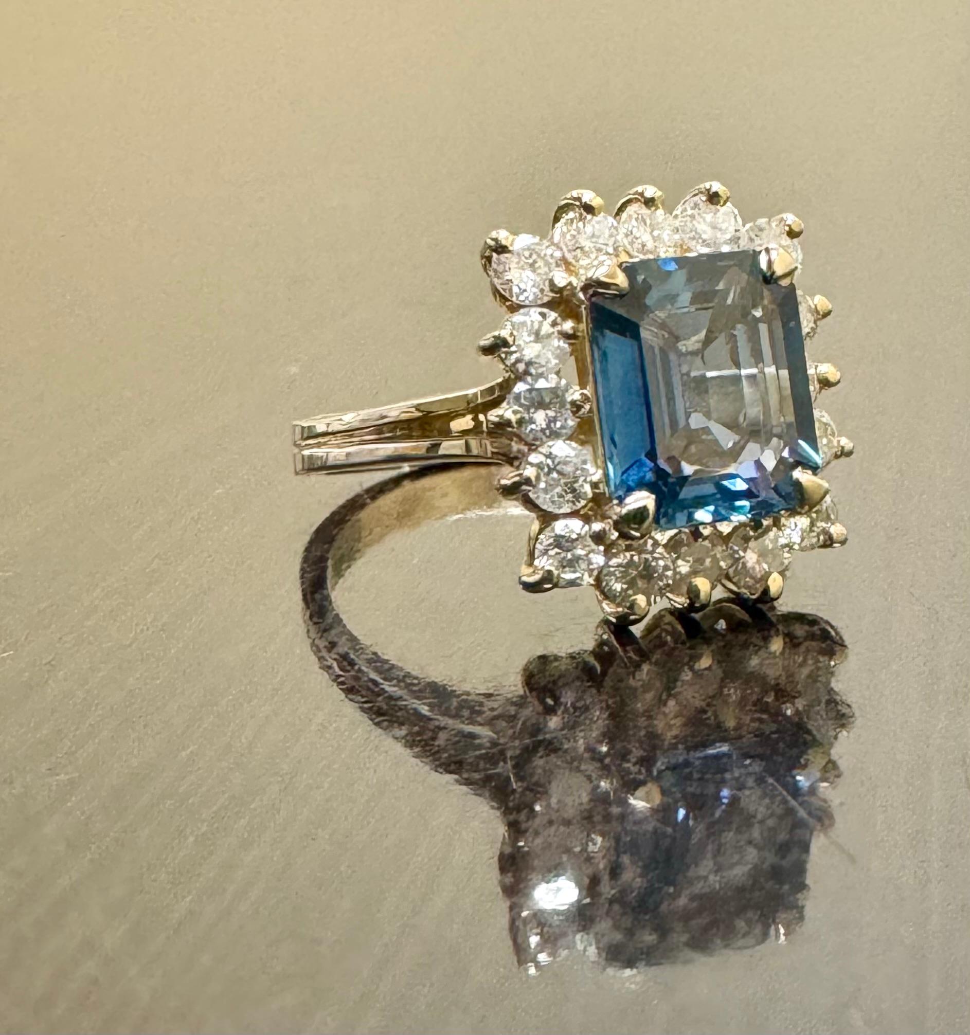 14K Yellow Gold Diamond 2.54 Carat Emerald Cut Blue Sapphire Engagement Ring For Sale 5