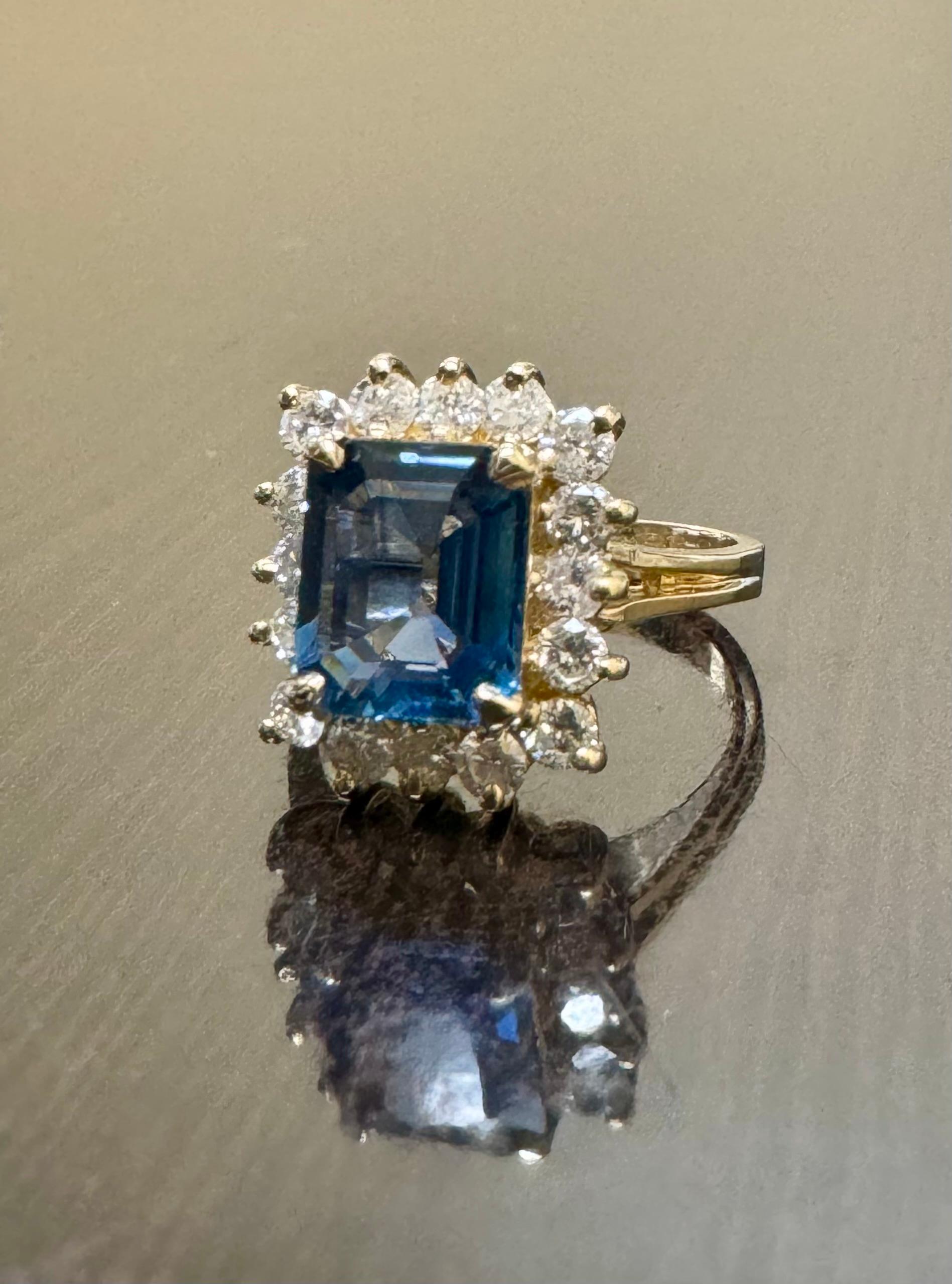 14K Yellow Gold Diamond 2.54 Carat Emerald Cut Blue Sapphire Engagement Ring For Sale 6