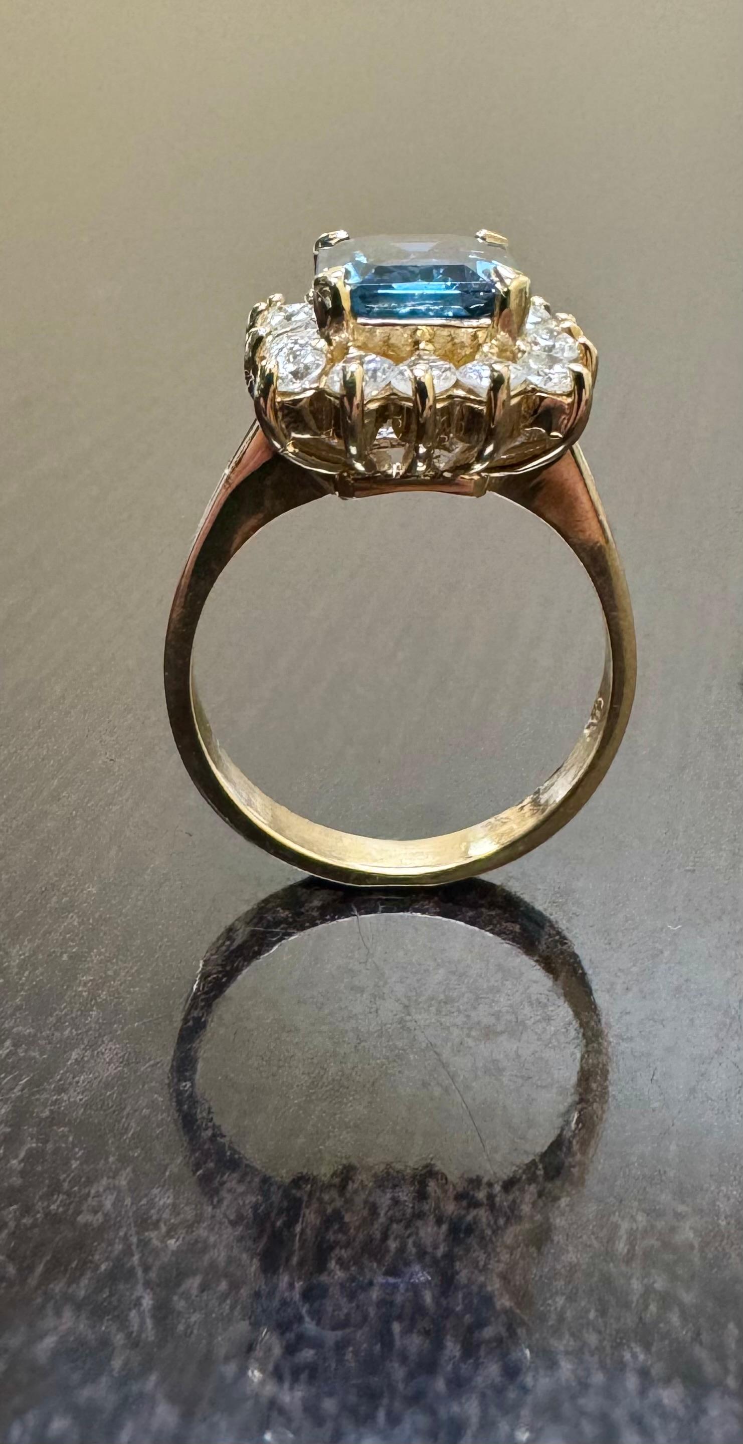Women's 14K Yellow Gold Diamond 2.54 Carat Emerald Cut Blue Sapphire Engagement Ring For Sale