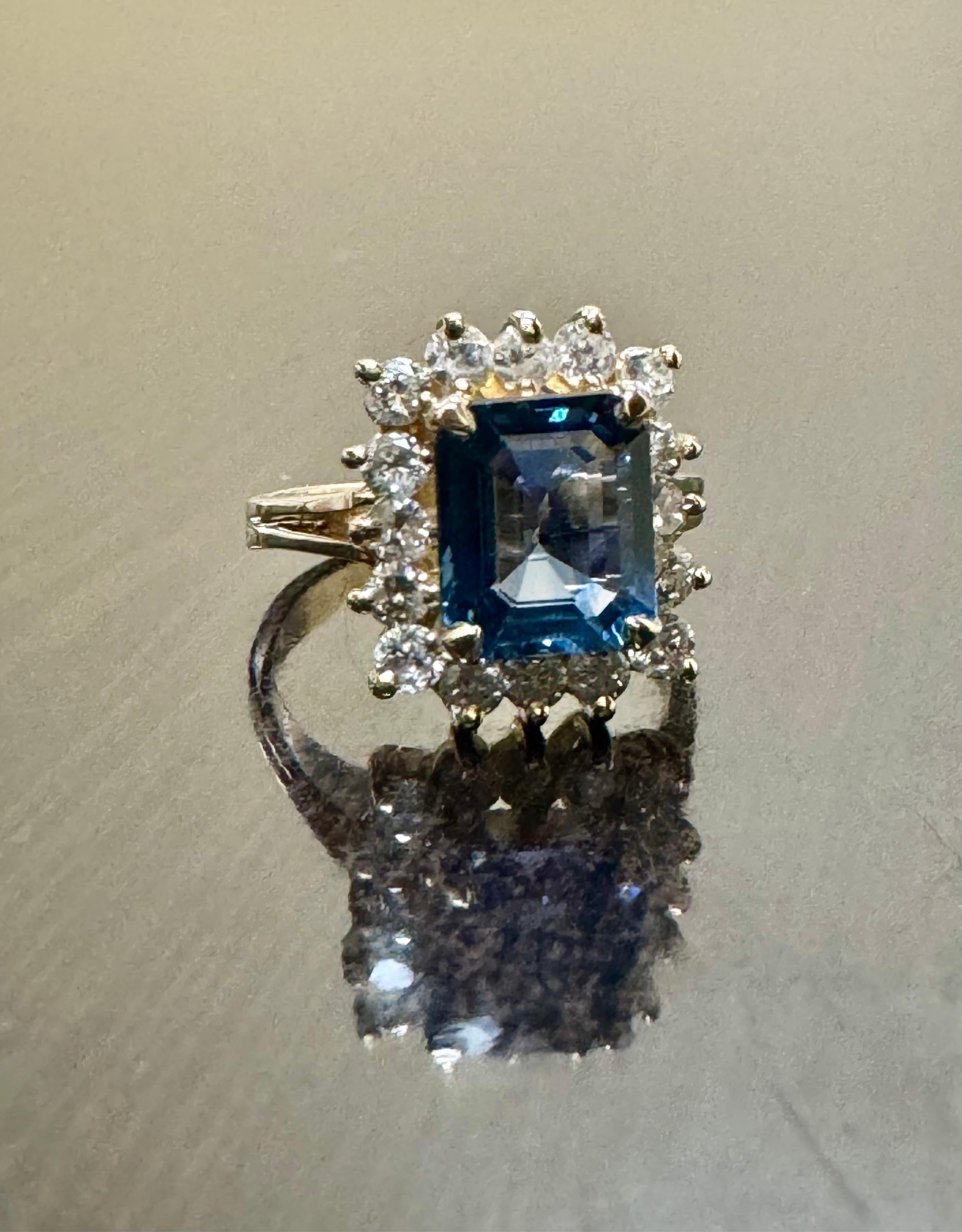 14K Yellow Gold Diamond 2.54 Carat Emerald Cut Blue Sapphire Engagement Ring For Sale 1