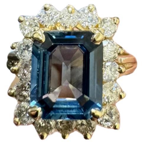 14K Yellow Gold Diamond 2.54 Carat Emerald Cut Blue Sapphire Engagement Ring