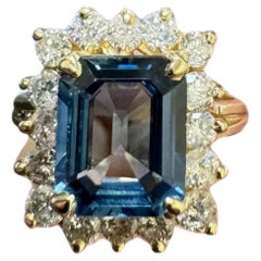 14K Gelbgold Diamant 2,54 Karat Smaragdschliff Blauer Saphir Verlobungsring