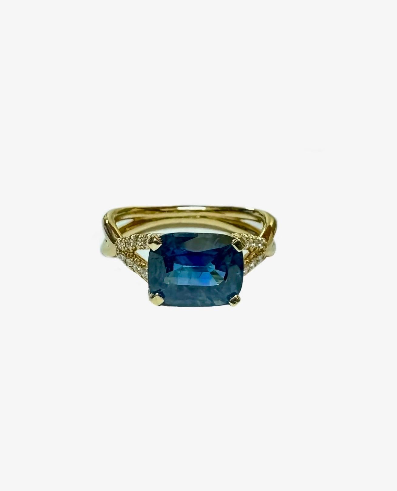 Modern 14K Yellow Gold Diamond 2.93 Carat Cushion Cut East West Set Engagement Ring For Sale