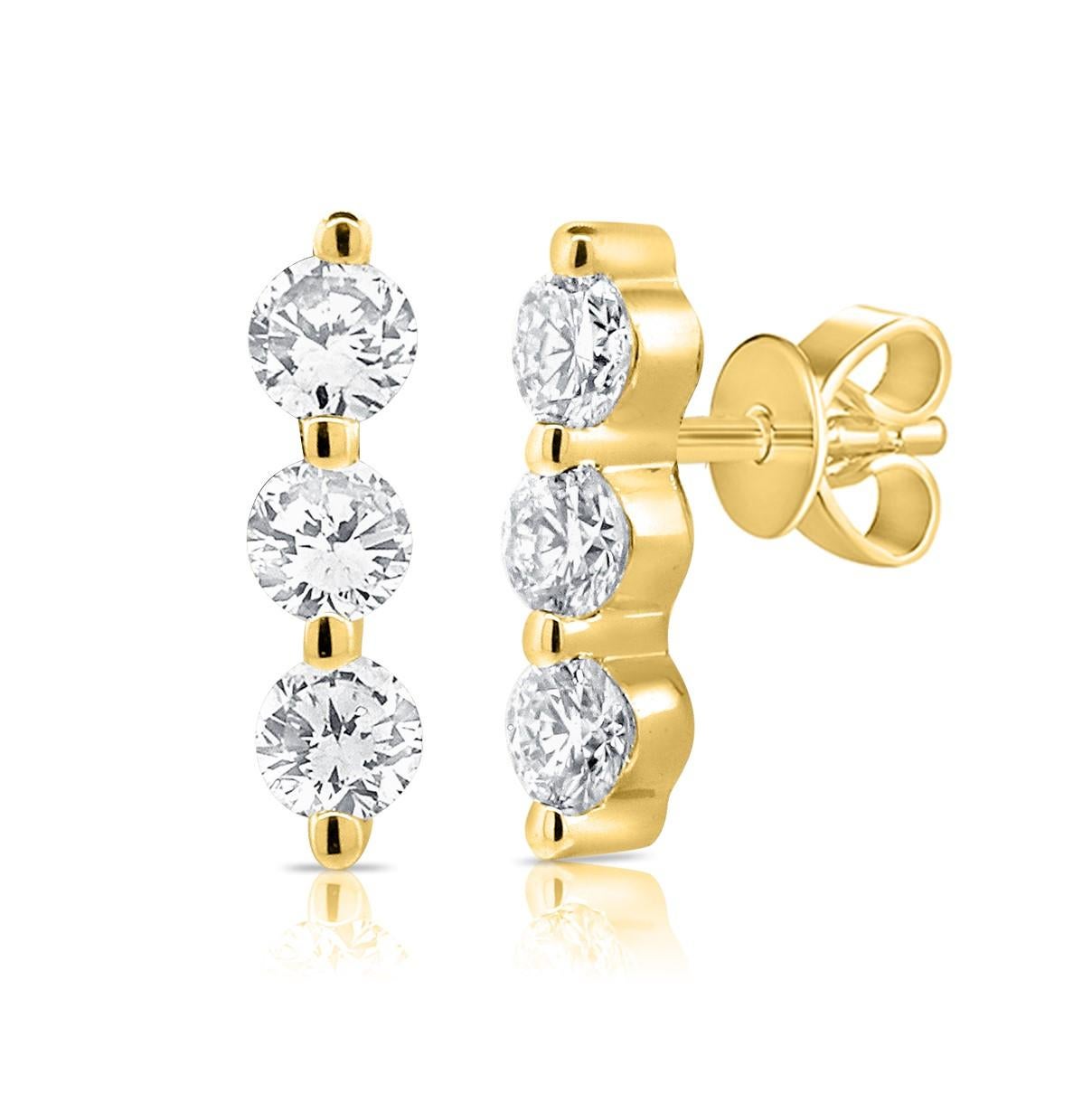 Baguette Cut 14K Yellow Gold Diamond 3 0.20ct Stone Bar Stud Earrings for Her For Sale