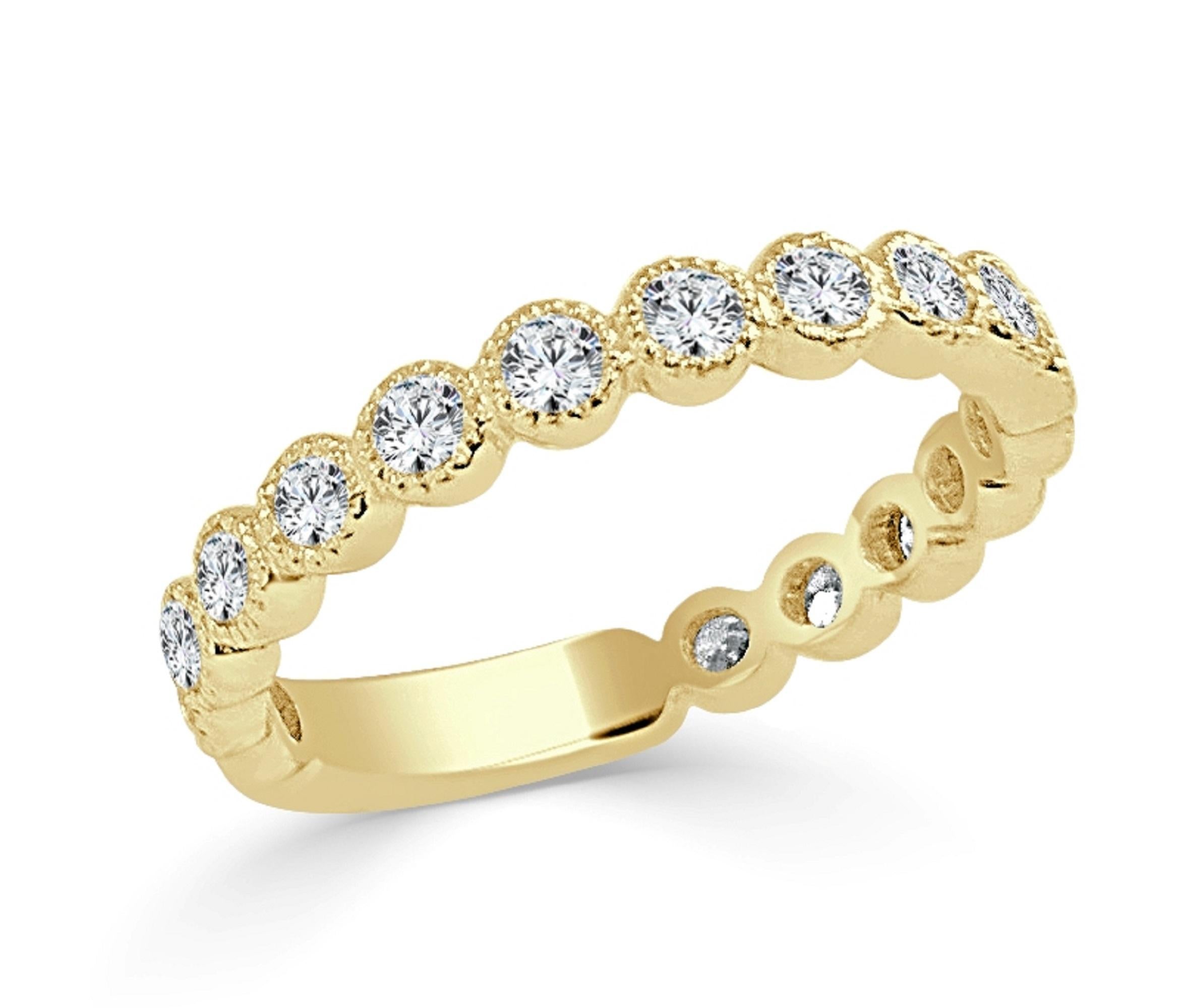 Round Cut 14K Yellow Gold Diamond 3/4 Way Around Band for Her For Sale