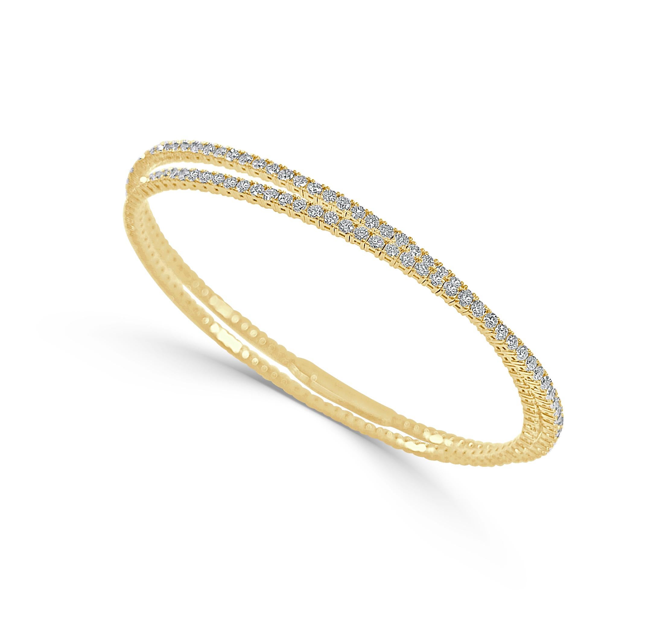Contemporary 14K Yellow Gold Diamond 3.35ct Flexible Double Wrap Bangle for Her For Sale