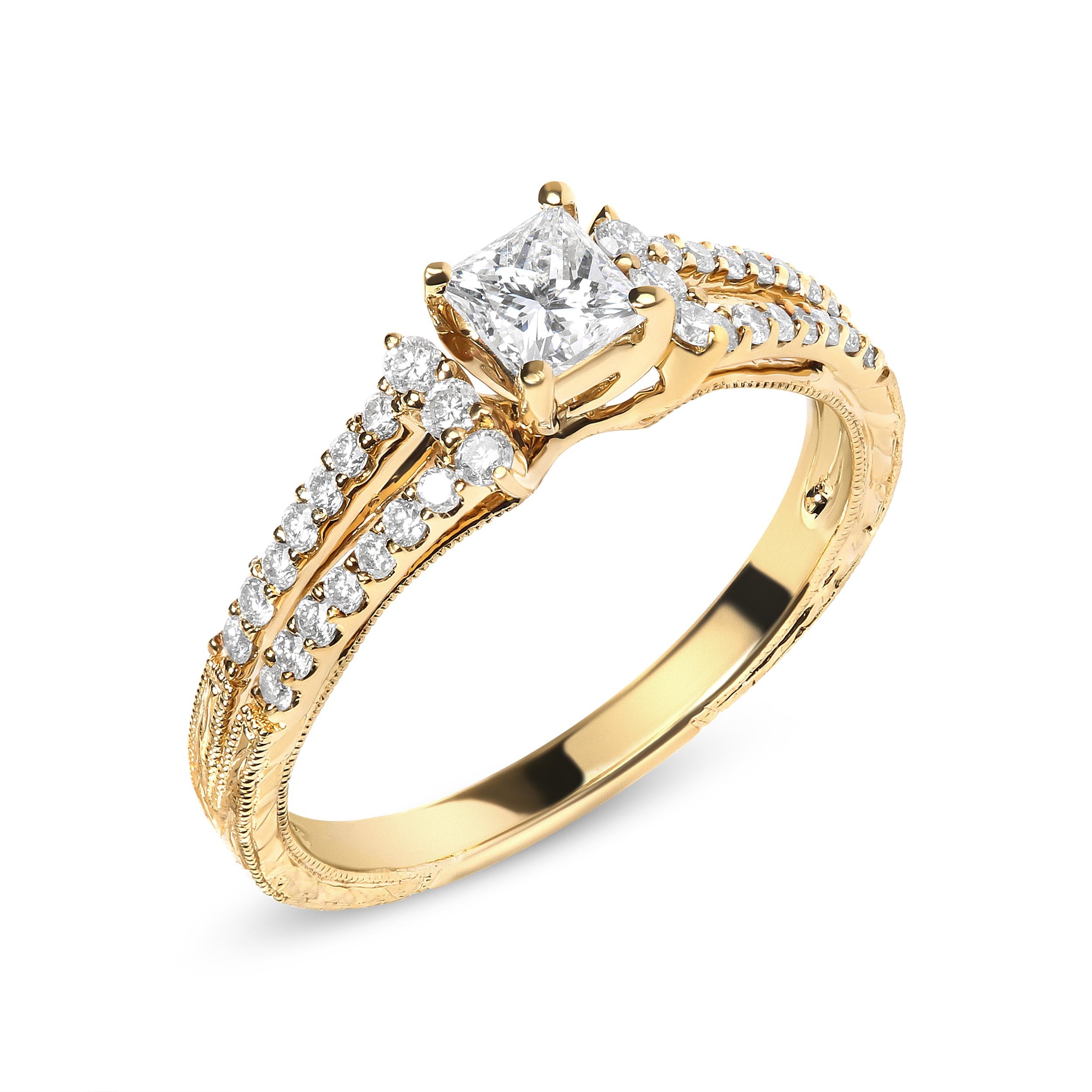 Imbued with a radiance that captures the essence of an eternal bond, this 14K yellow gold engagement ring stands as a masterpiece of design and devotion. At its heart, a 1/3 carat princess cut diamond sparkles with unyielding brilliance, cradled by