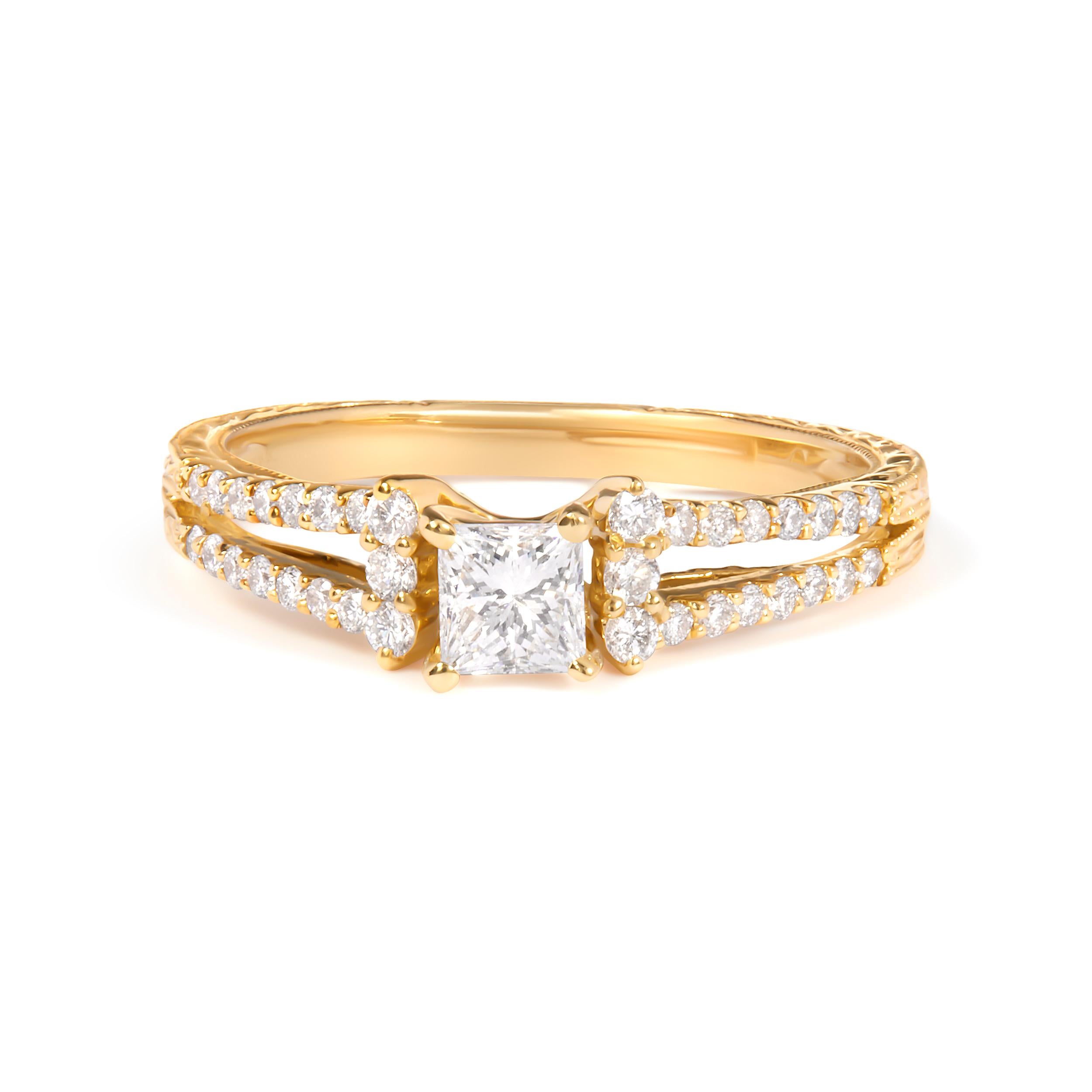 Modern 14K Yellow Gold Diamond 5/8 Ctw Diamond Split Shank and Milgrain Engagement Ring For Sale