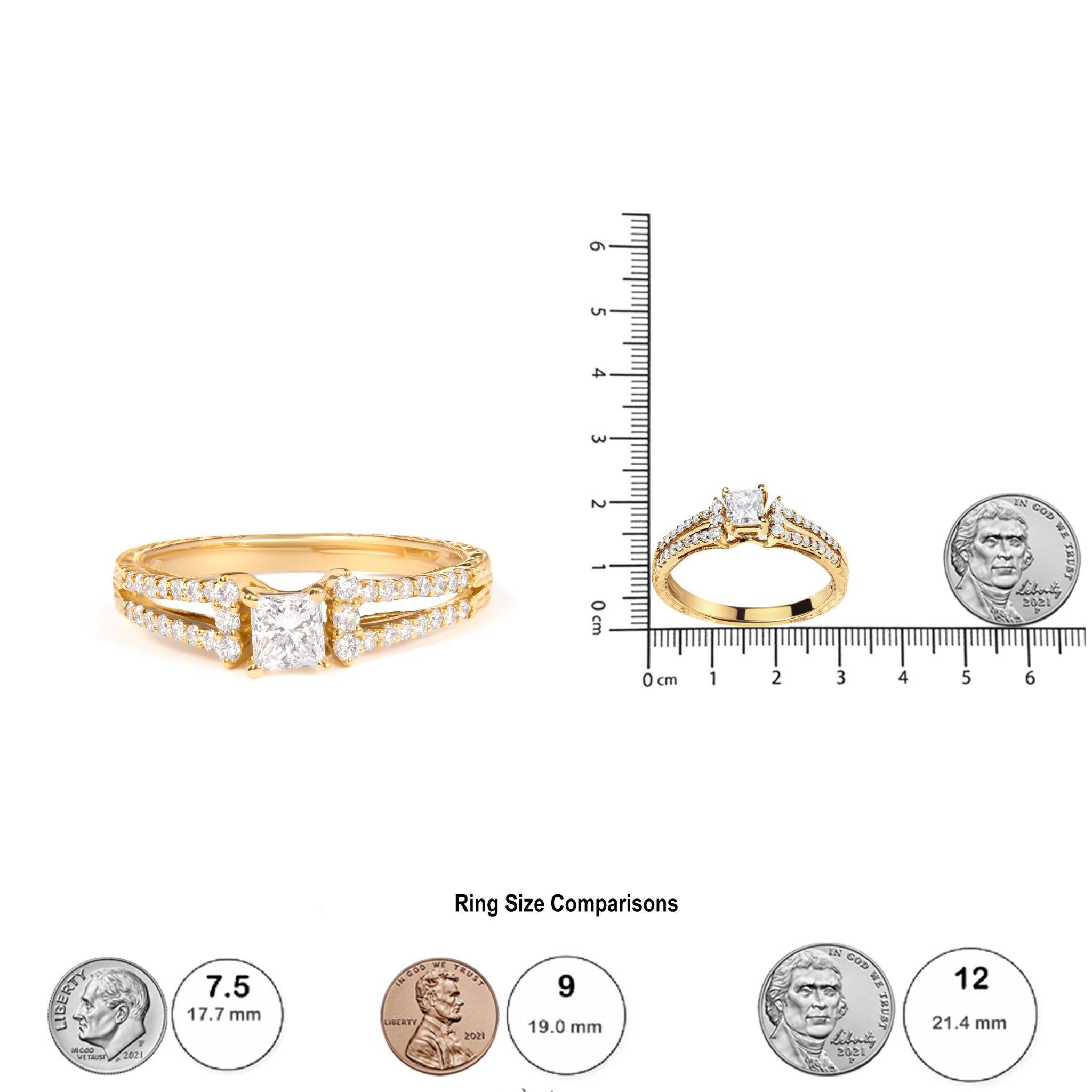 Princess Cut 14K Yellow Gold Diamond 5/8 Ctw Diamond Split Shank and Milgrain Engagement Ring For Sale