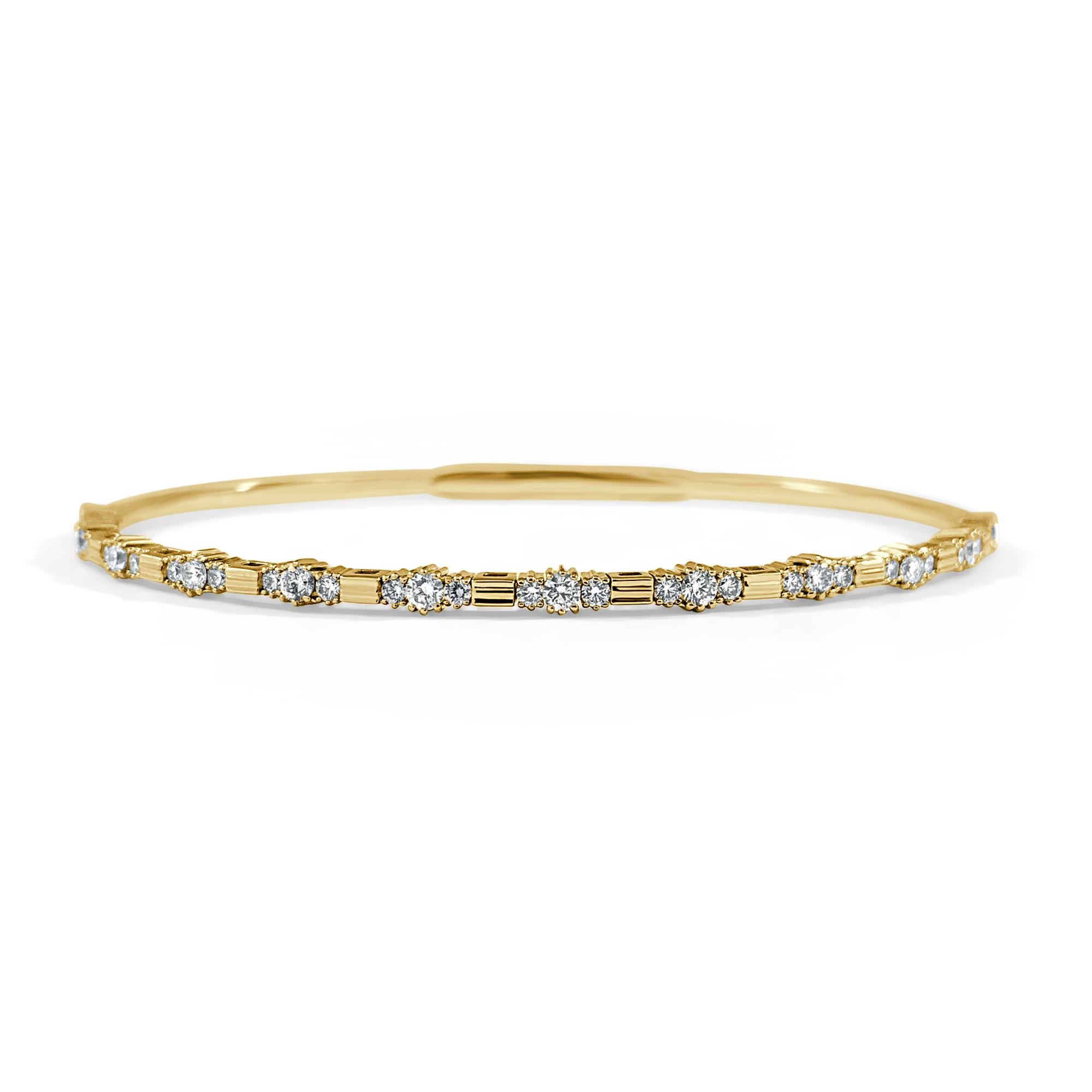  Quality Flexible Stackable Bangle: Made from real 14k gold and 76 glittering white approximately 3/4 cts. Certified diamonds, featuring a single row of white diamonds flexible diameter for comfort with a color and clarity of GH-SI
 Surprise Your