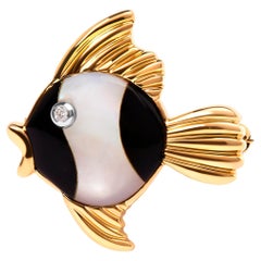 14K Yellow Gold Diamond Accent Zebra Fish Enamel Brooch Pin