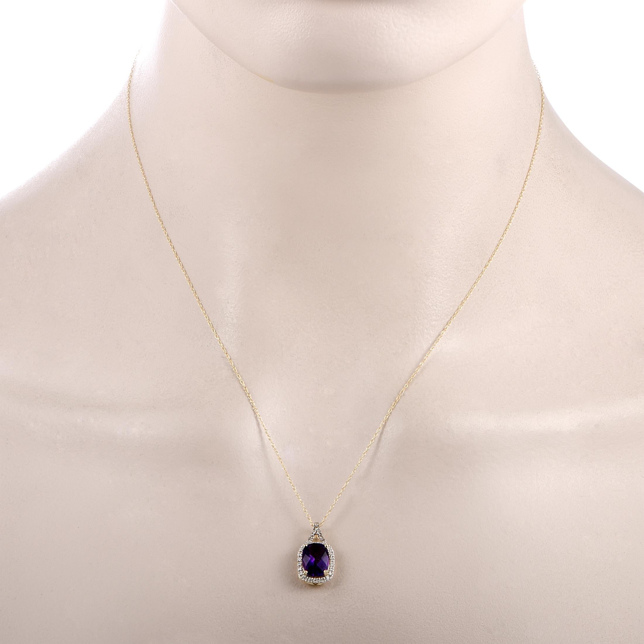 This necklace is made of 14K yellow gold and set with an amethyst and a total of 0.13 carats of diamonds. It has an 18.00” long chain, while the pendant measures 0.65” in length and 0.37” in width. The necklace weighs 2.2 grams.
 
 Offered in brand