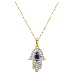 14K Yellow Gold Diamond and Blue Sapphire Hamsa Pendant