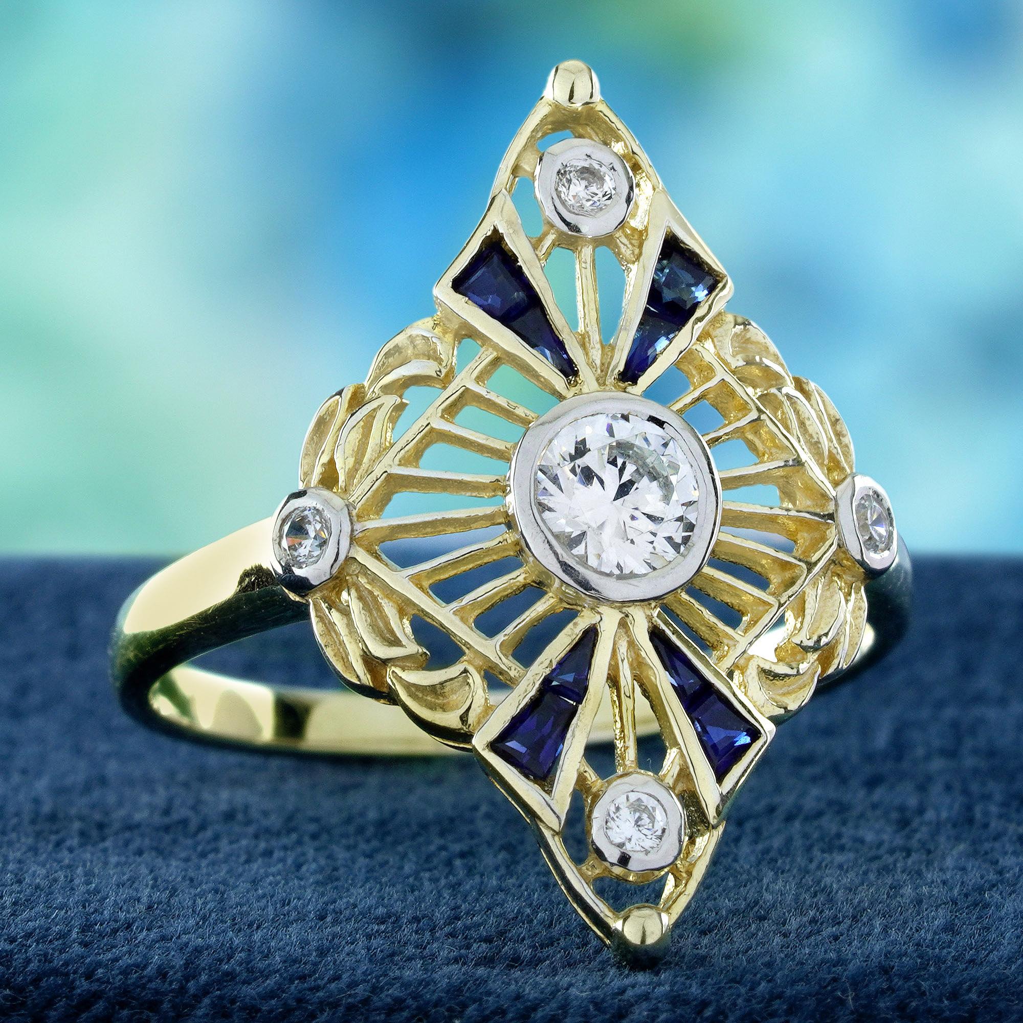 Ein Brillant in der Mitte, sicher gefasst in einer schlanken Lünettenfassung für ein klares, elegantes Aussehen. Um den Diamanten herum fügen satte blaue Saphire Tiefe, Farbe und ein königliches Vintage-Flair hinzu. Das Design ist von klassischen,