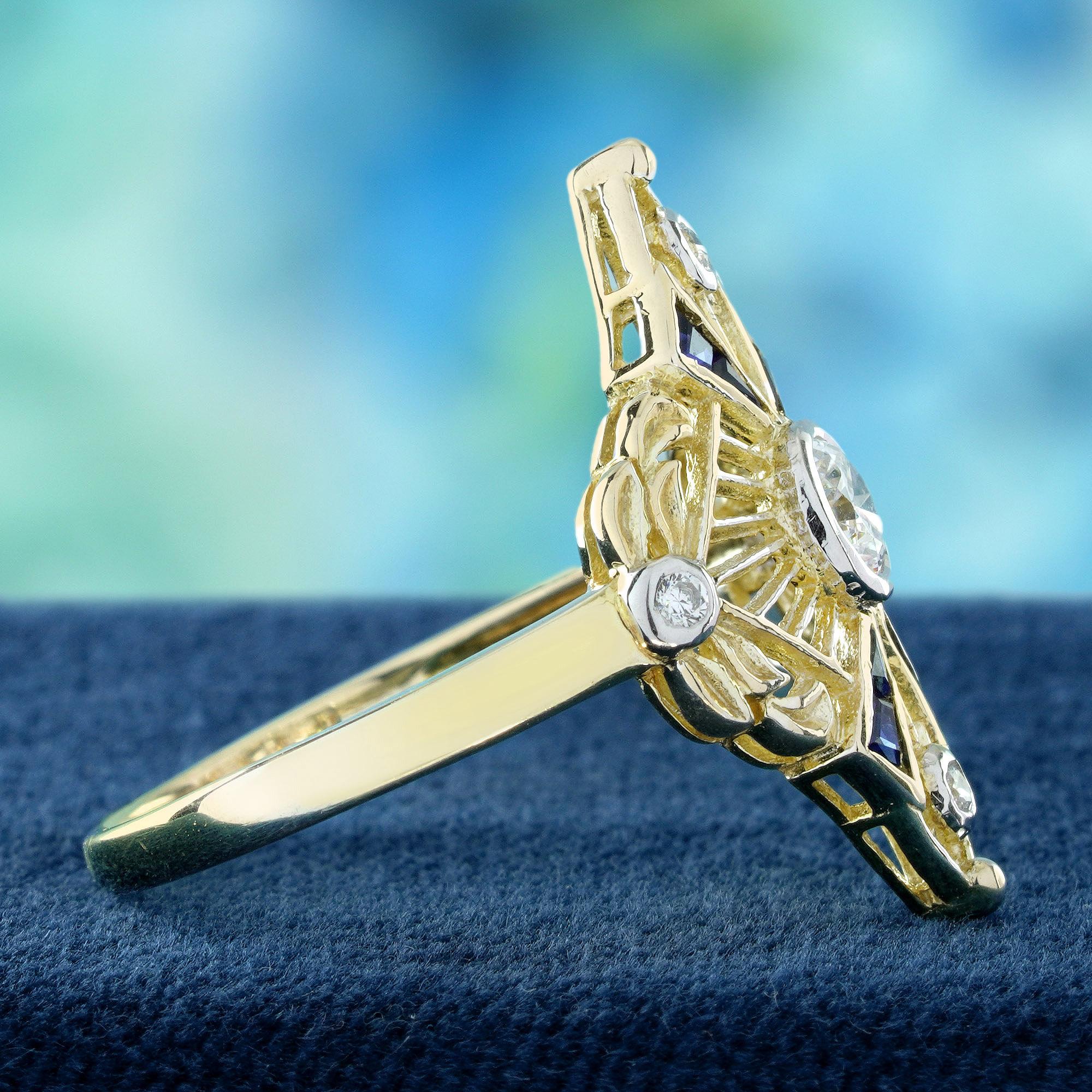 14K Gelbgold Diamant und blauer Saphir Vintage Style Ring (Edwardian) im Angebot