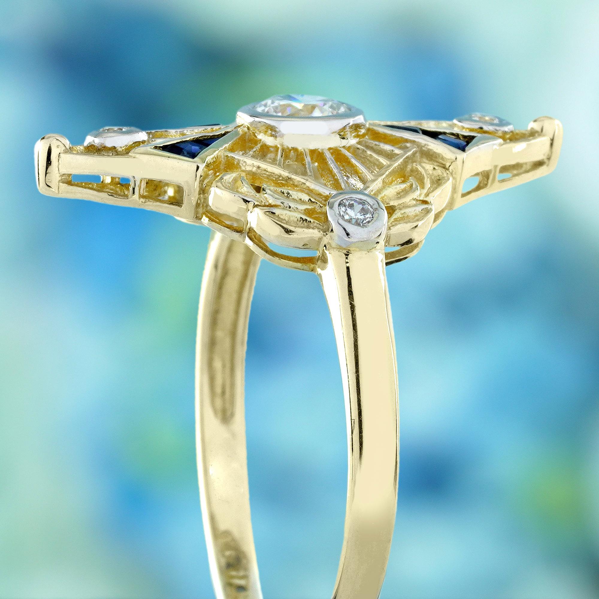14K Gelbgold Diamant und blauer Saphir Vintage Style Ring im Zustand „Neu“ im Angebot in Bangkok, TH