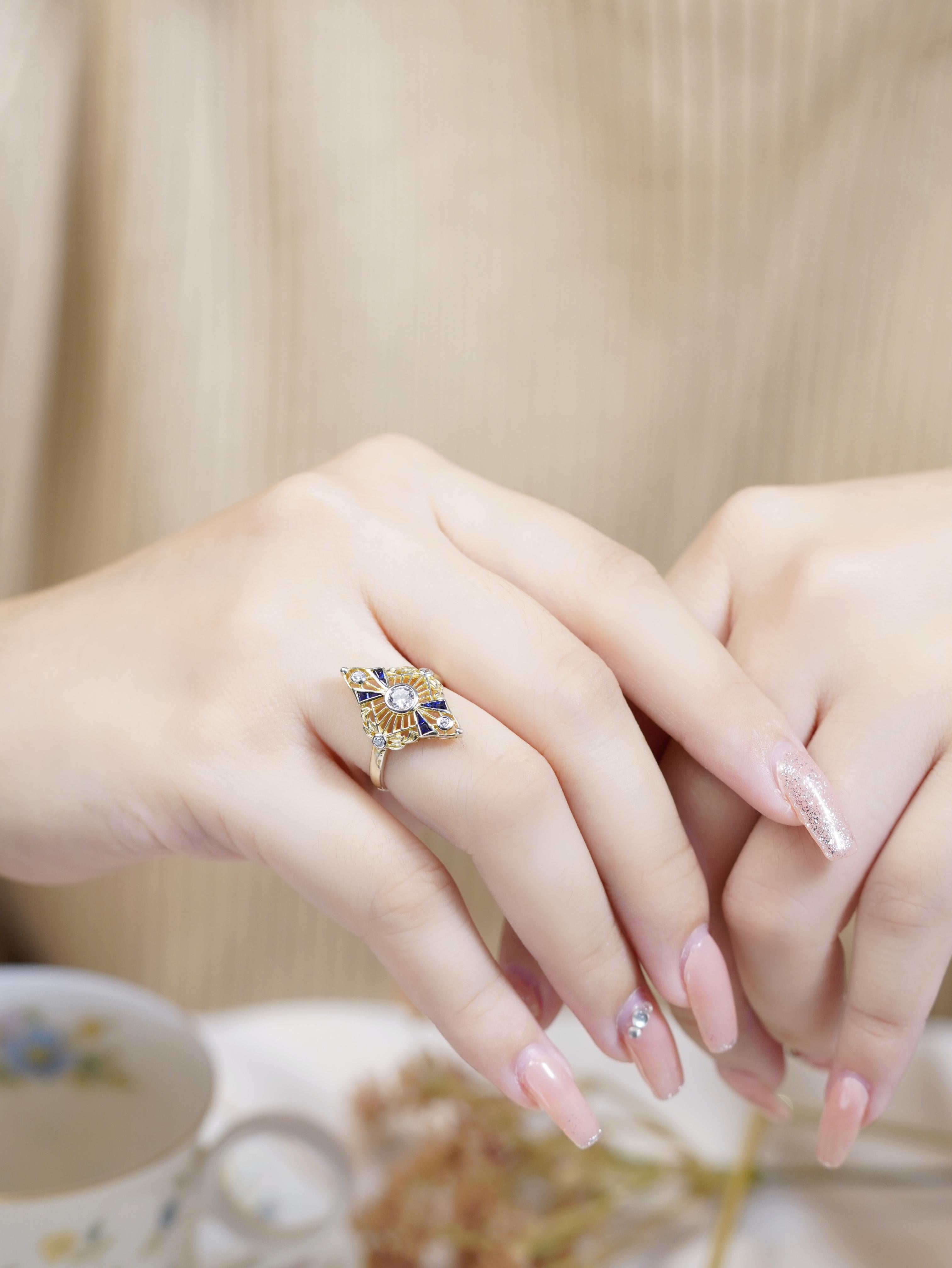 14K Gelbgold Diamant und blauer Saphir Vintage Style Ring im Angebot 2