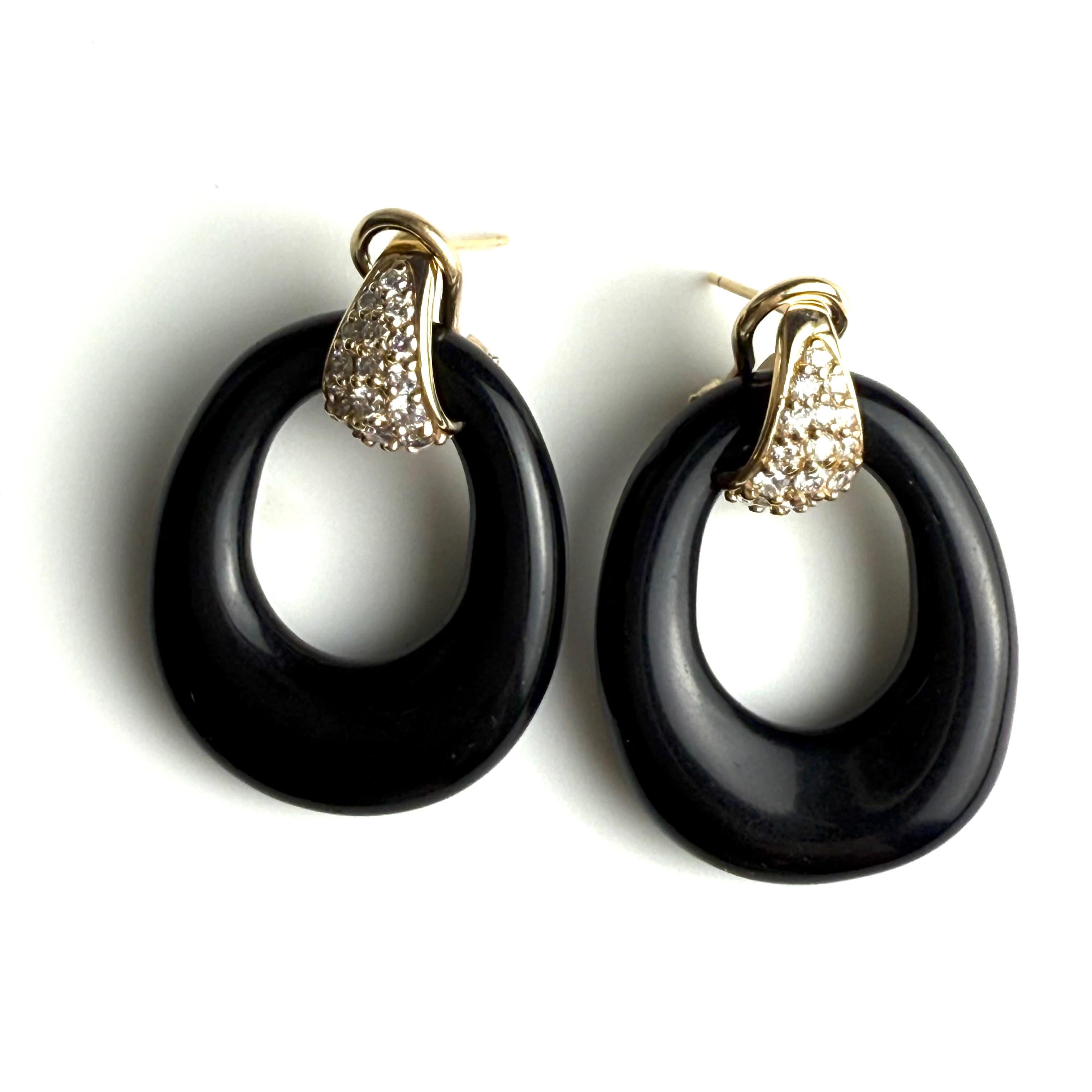 Boucles d'oreilles en or jaune 14K avec diamants et onyx sculpté, Door Knocker 1.5 Inch en vente 5
