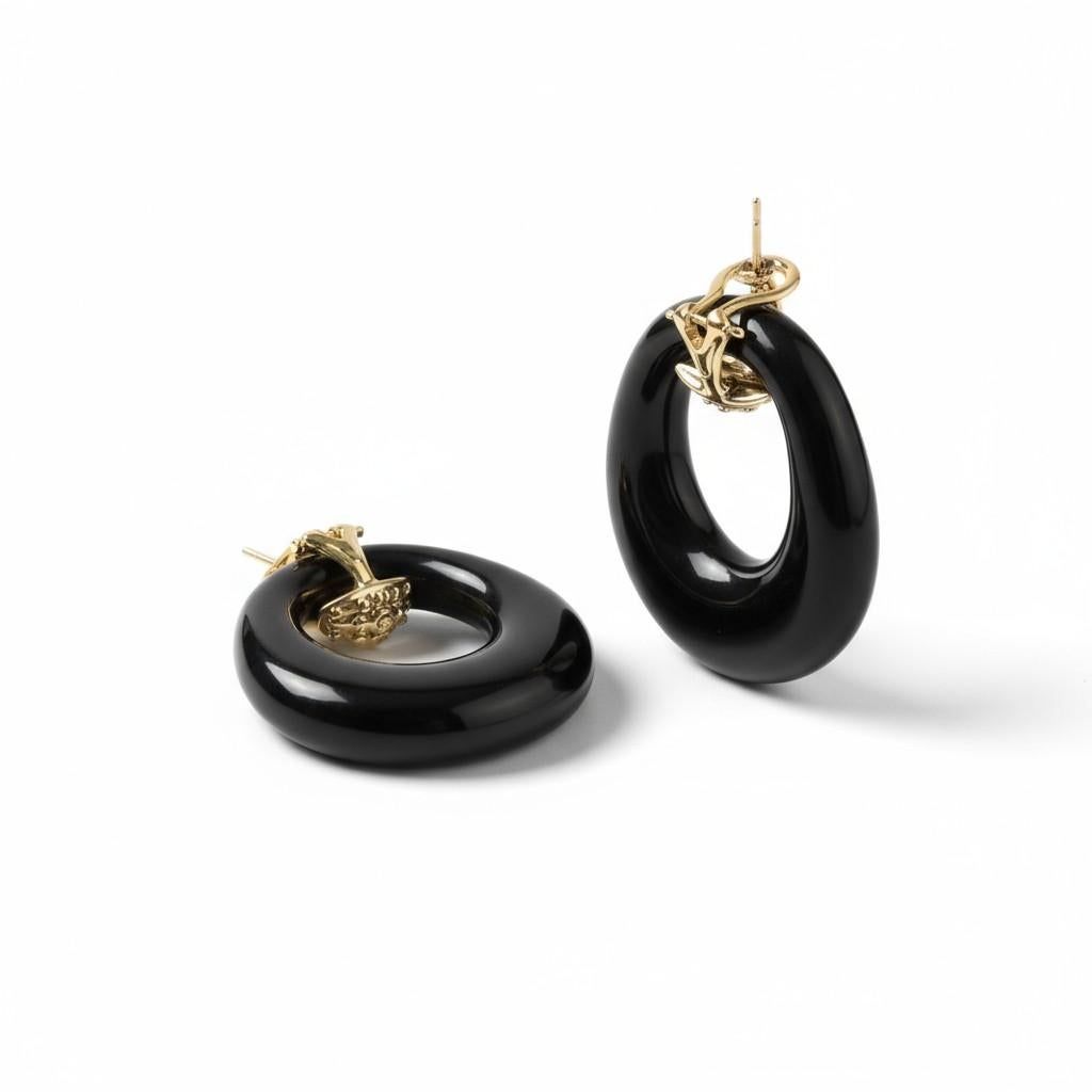 Boucles d'oreilles en or jaune 14K avec diamants et onyx sculpté, Door Knocker 1.5 Inch Neuf - En vente à New York, NY
