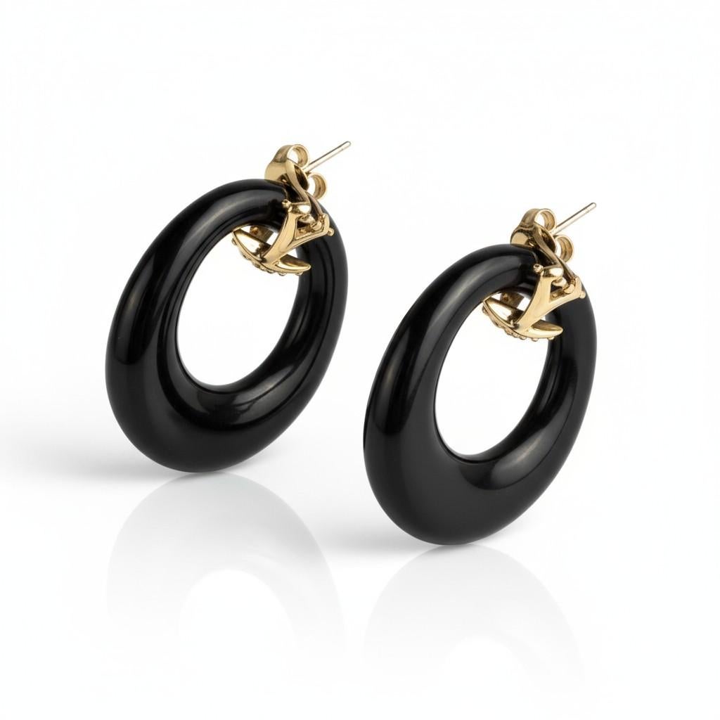 Boucles d'oreilles en or jaune 14K avec diamants et onyx sculpté, Door Knocker 1.5 Inch en vente 2